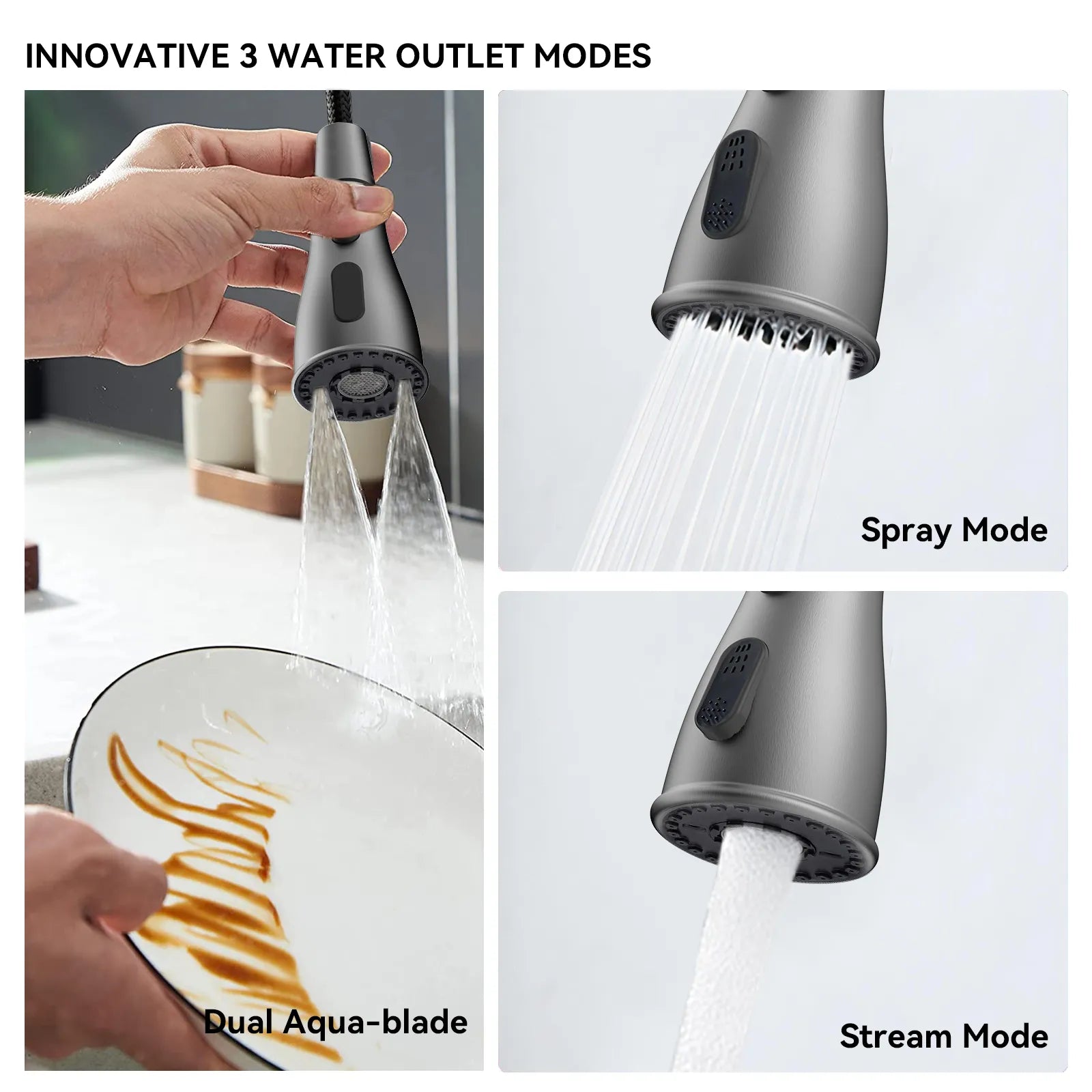 Commercial Style Pull-Down Kitchen Faucet – Triple-Function Spring Spray – KFB1036