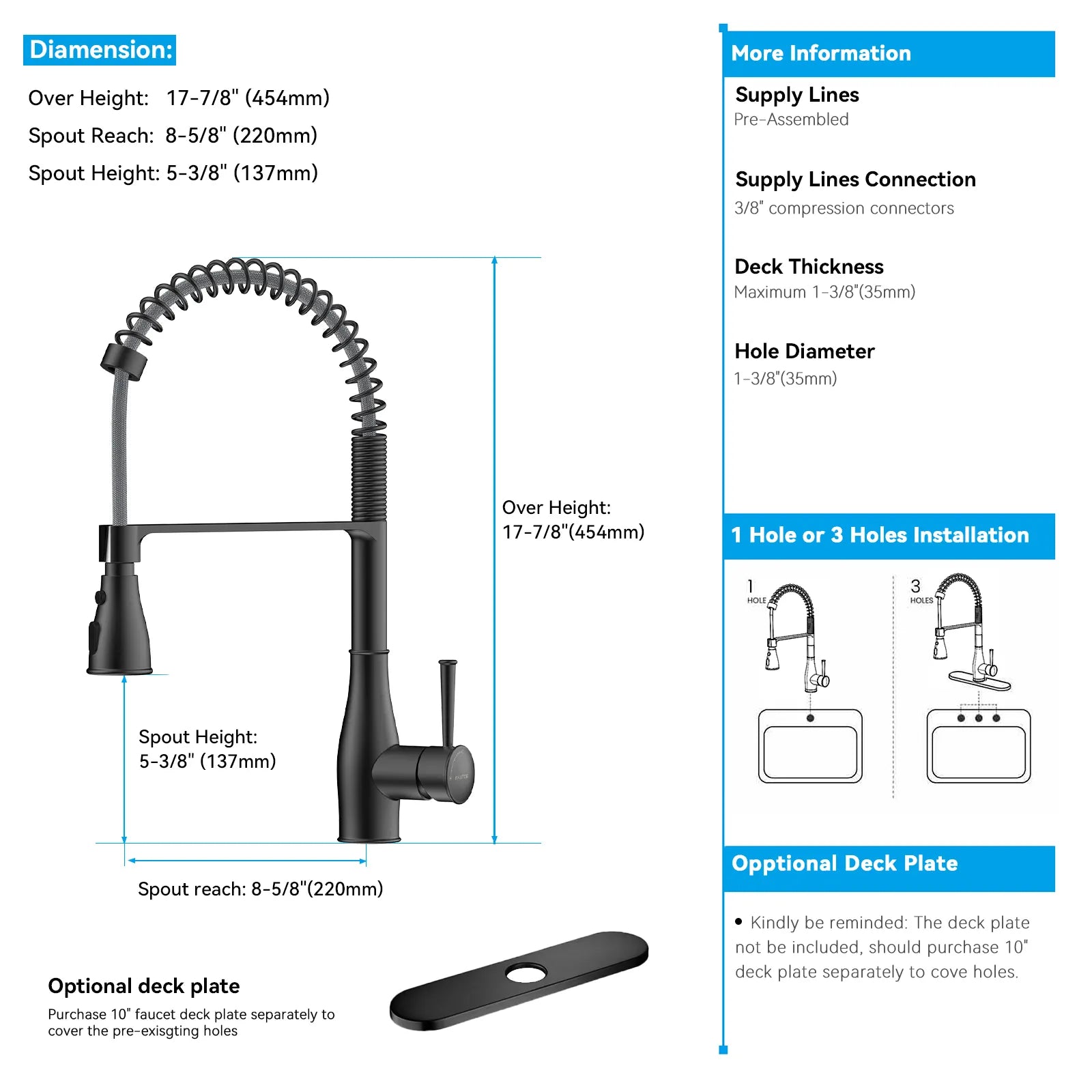Commercial Style Pull-Down Kitchen Faucet – Triple-Function Spring Spray – KFB1036