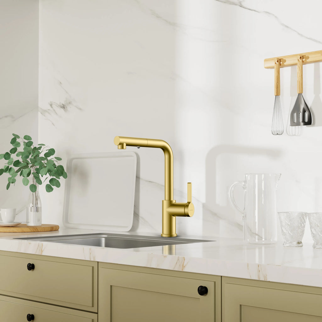 Brushed Gold Pull-Out Kitchen Faucet – Dual-Function Brass Spray – KFB1051A