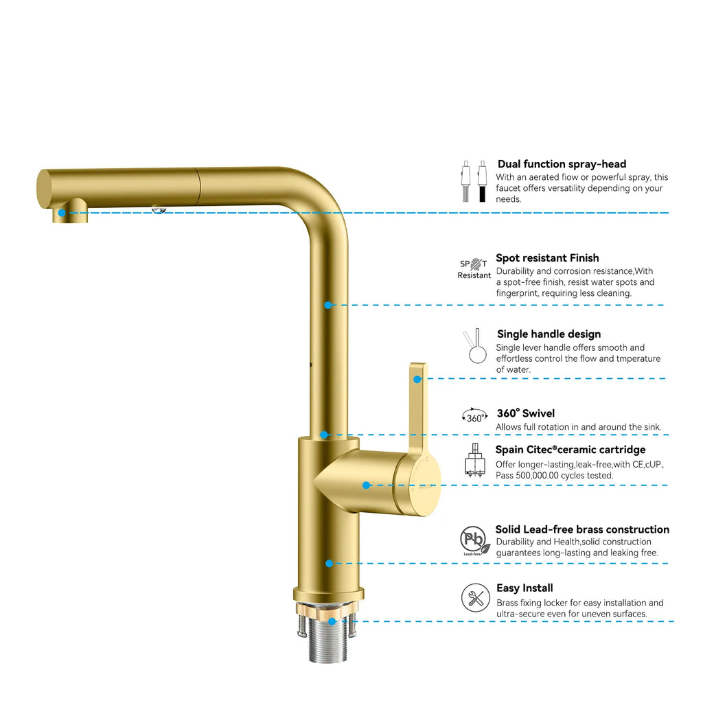 Brushed Gold Pull-Out Kitchen Faucet – Dual-Function Brass Spray – KFB1051A