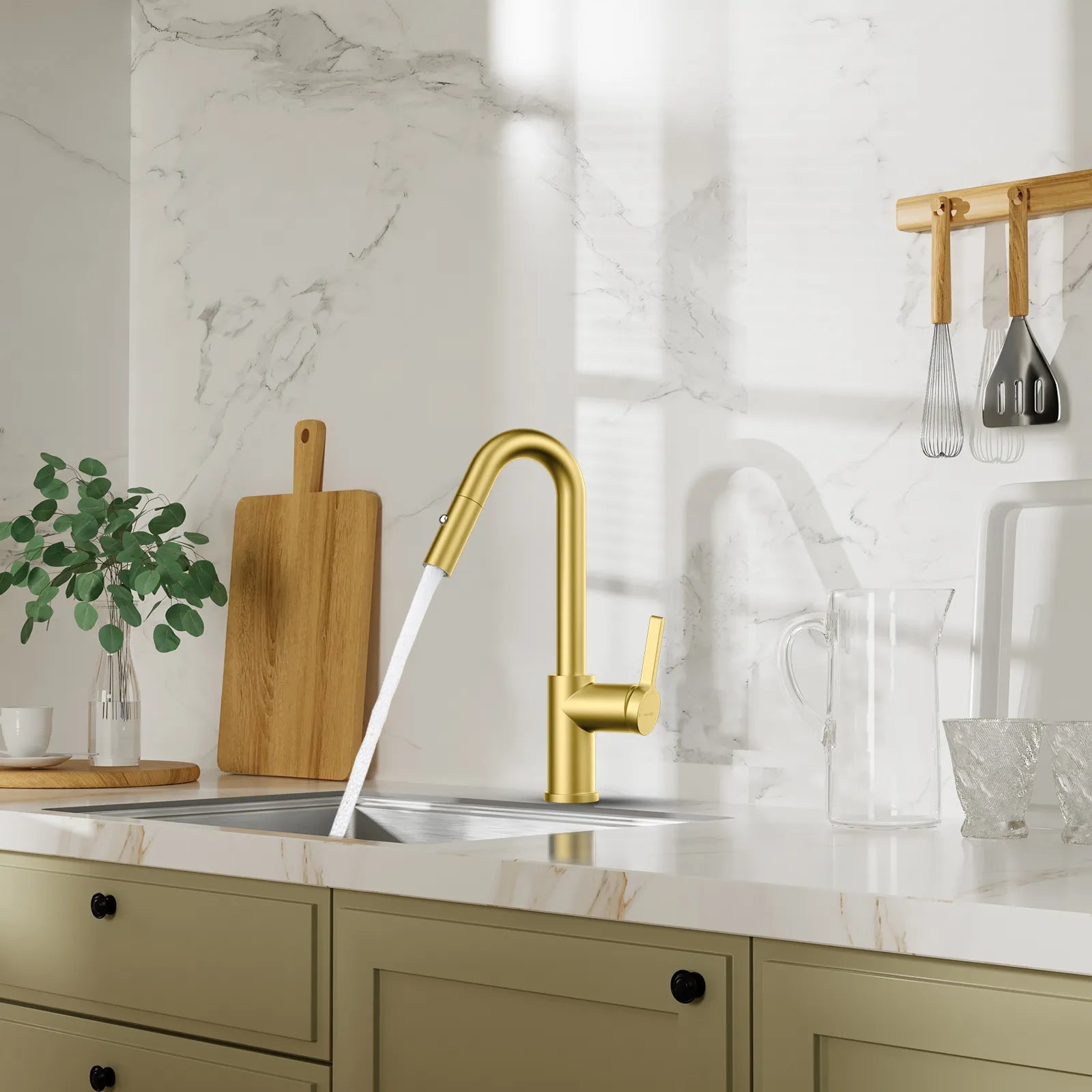 Matte White Pull-Down Kitchen Faucet – Dual-Function Brass Spray – KFB1051BMW