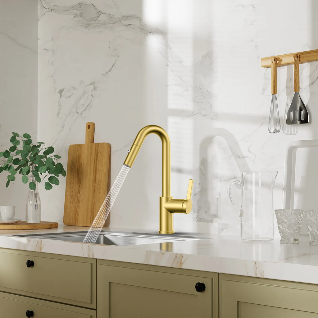 Matte White Pull-Down Kitchen Faucet – Dual-Function Brass Spray – KFB1051BMW