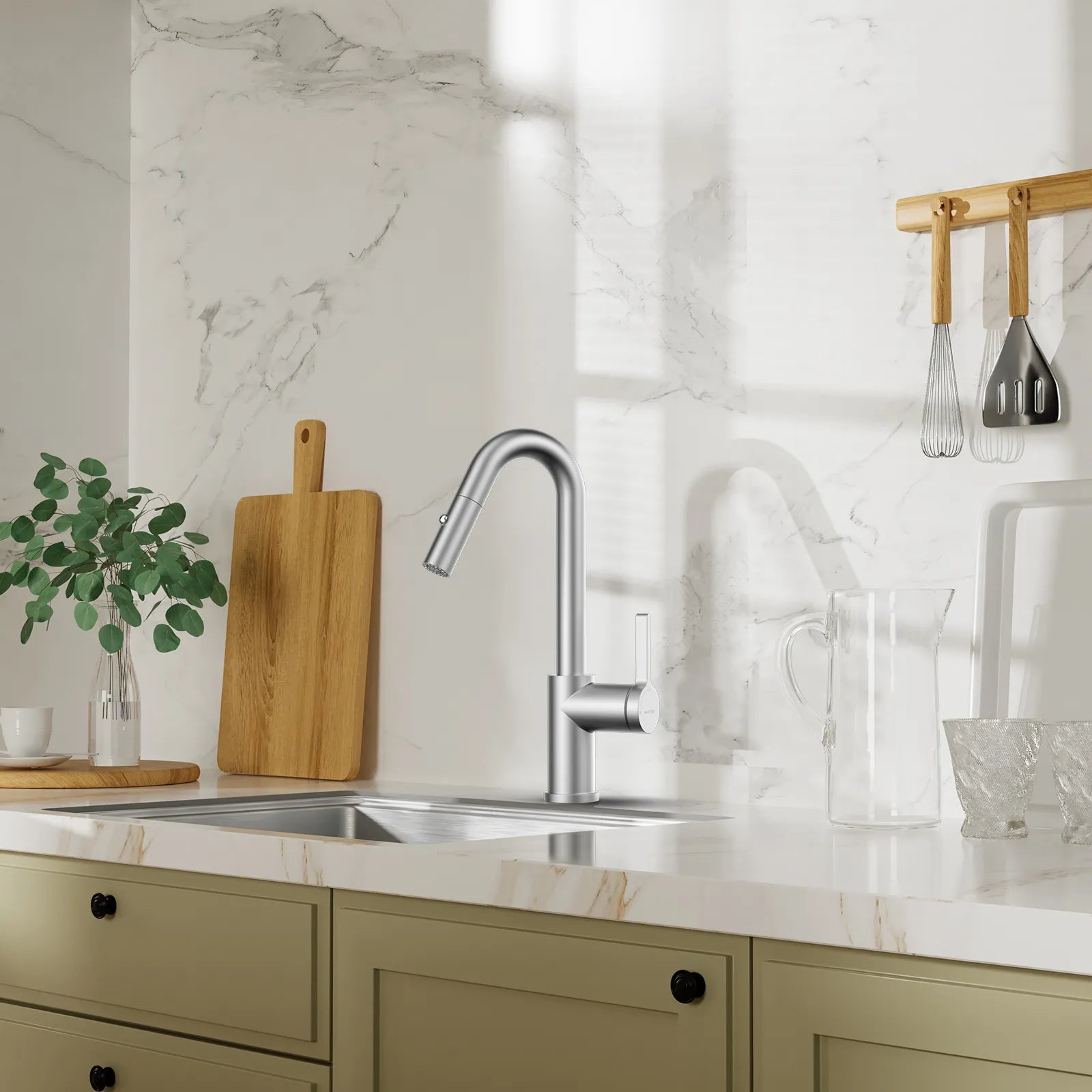 Matte White Pull-Down Kitchen Faucet – Dual-Function Brass Spray – KFB1051BMW