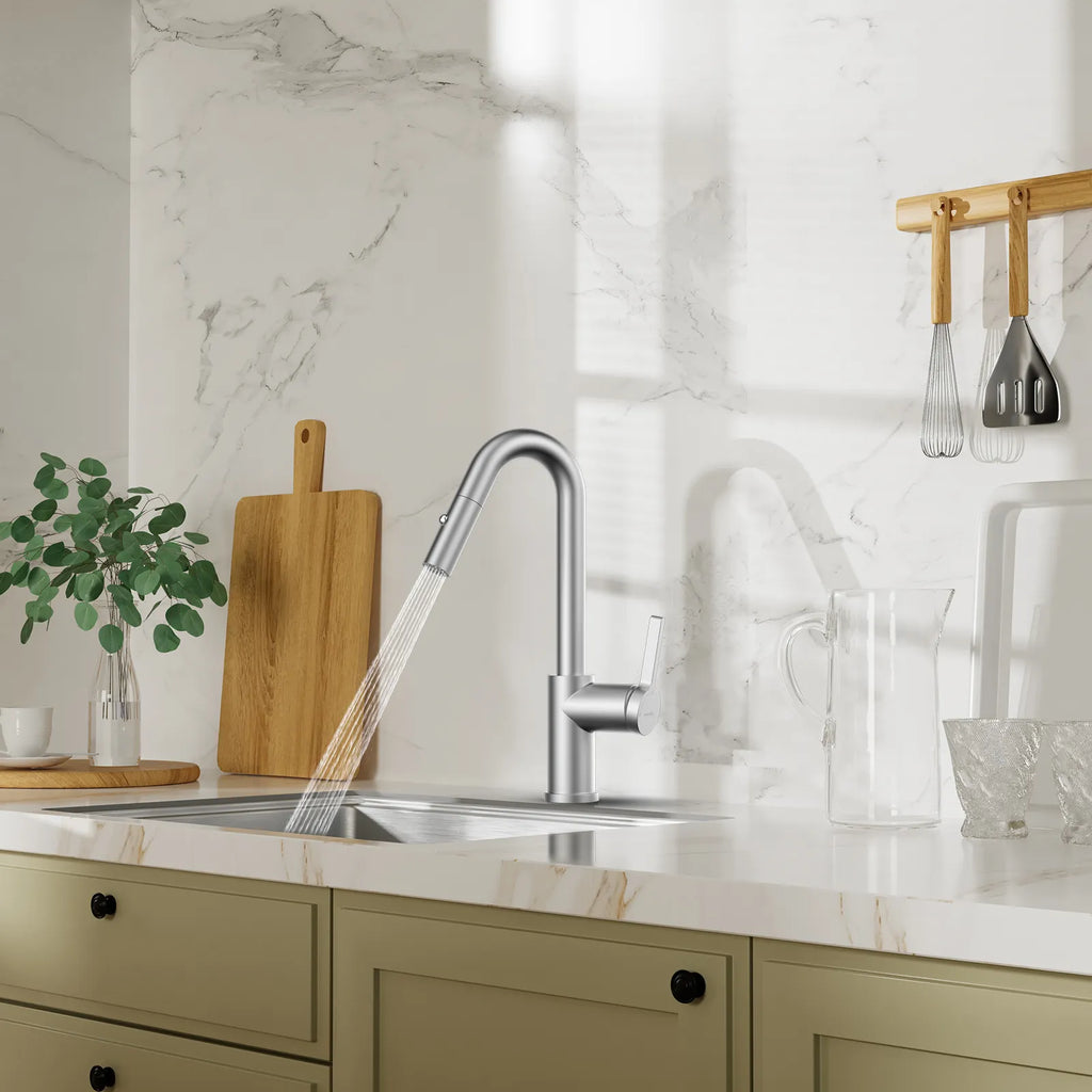 Matte White Pull-Down Kitchen Faucet – Dual-Function Brass Spray – KFB1051BMW