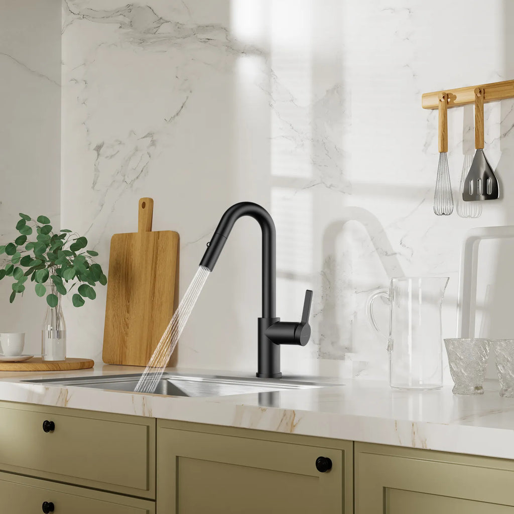 Matte White Pull-Down Kitchen Faucet – Dual-Function Brass Spray – KFB1051BMW