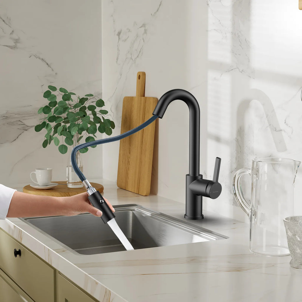 Matte White Pull-Down Kitchen Faucet – Dual-Function Brass Spray – KFB1051BMW