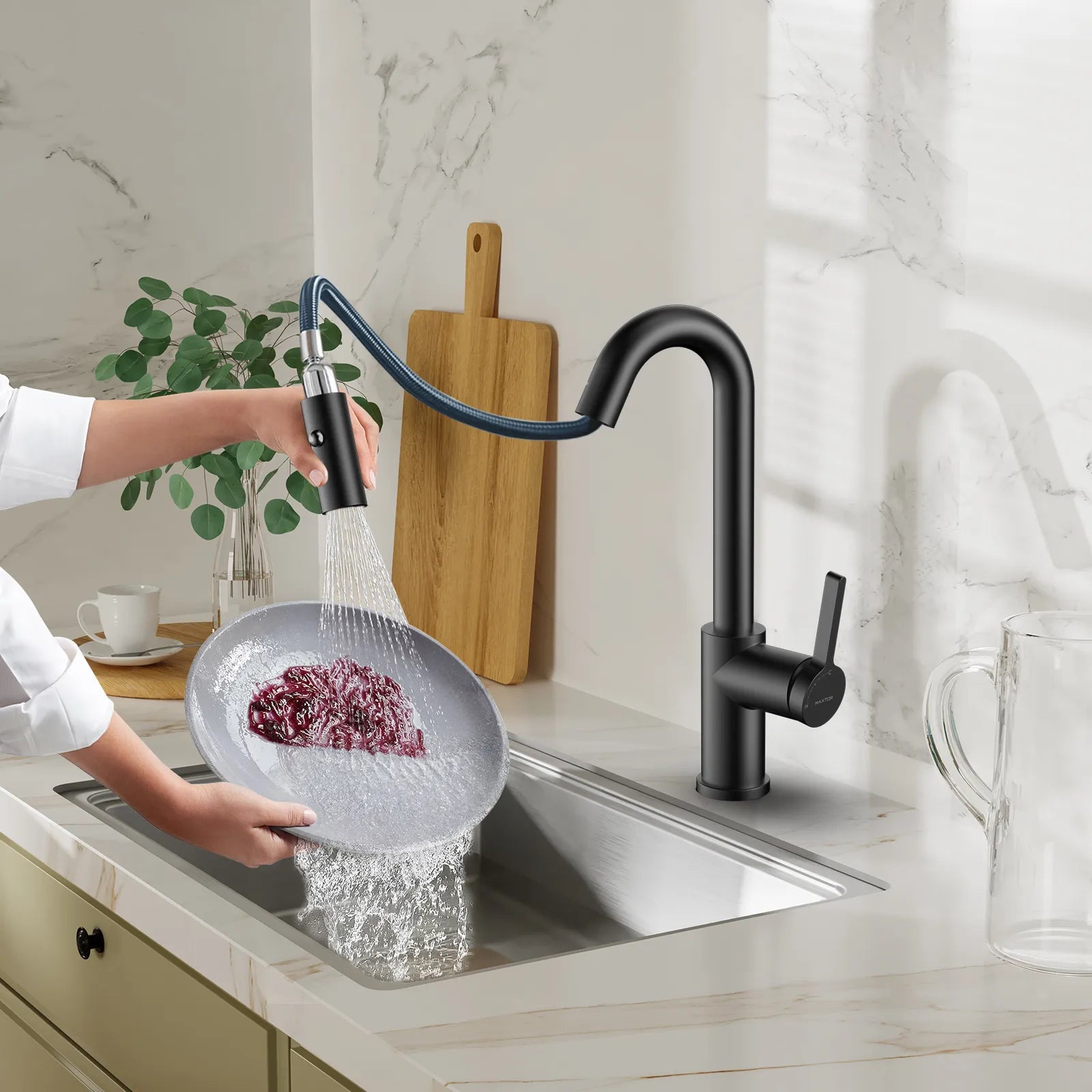 Matte White Pull-Down Kitchen Faucet – Dual-Function Brass Spray – KFB1051BMW