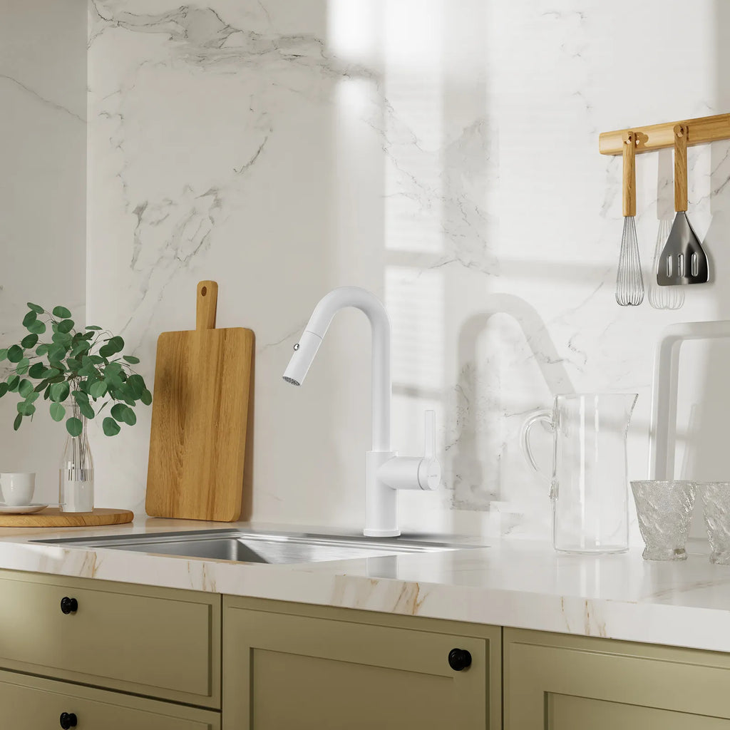 Matte White Pull-Down Kitchen Faucet – Dual-Function Brass Spray – KFB1051BMW