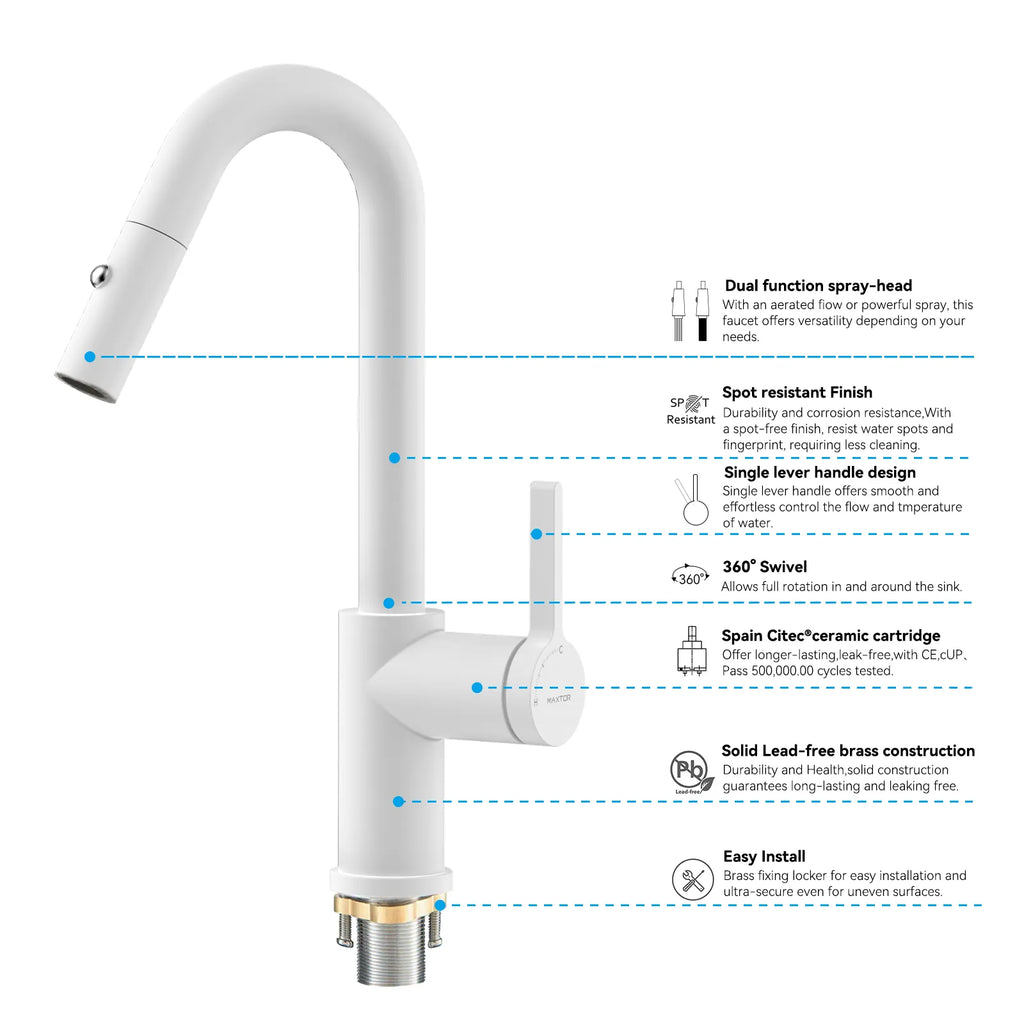 Matte White Pull-Down Kitchen Faucet – Dual-Function Brass Spray – KFB1051BMW