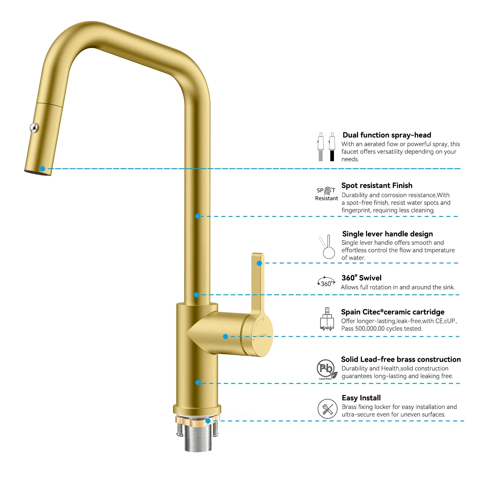 Pull-Down Kitchen Faucet with Dual-Function Brass Spray Head-KFB1051C