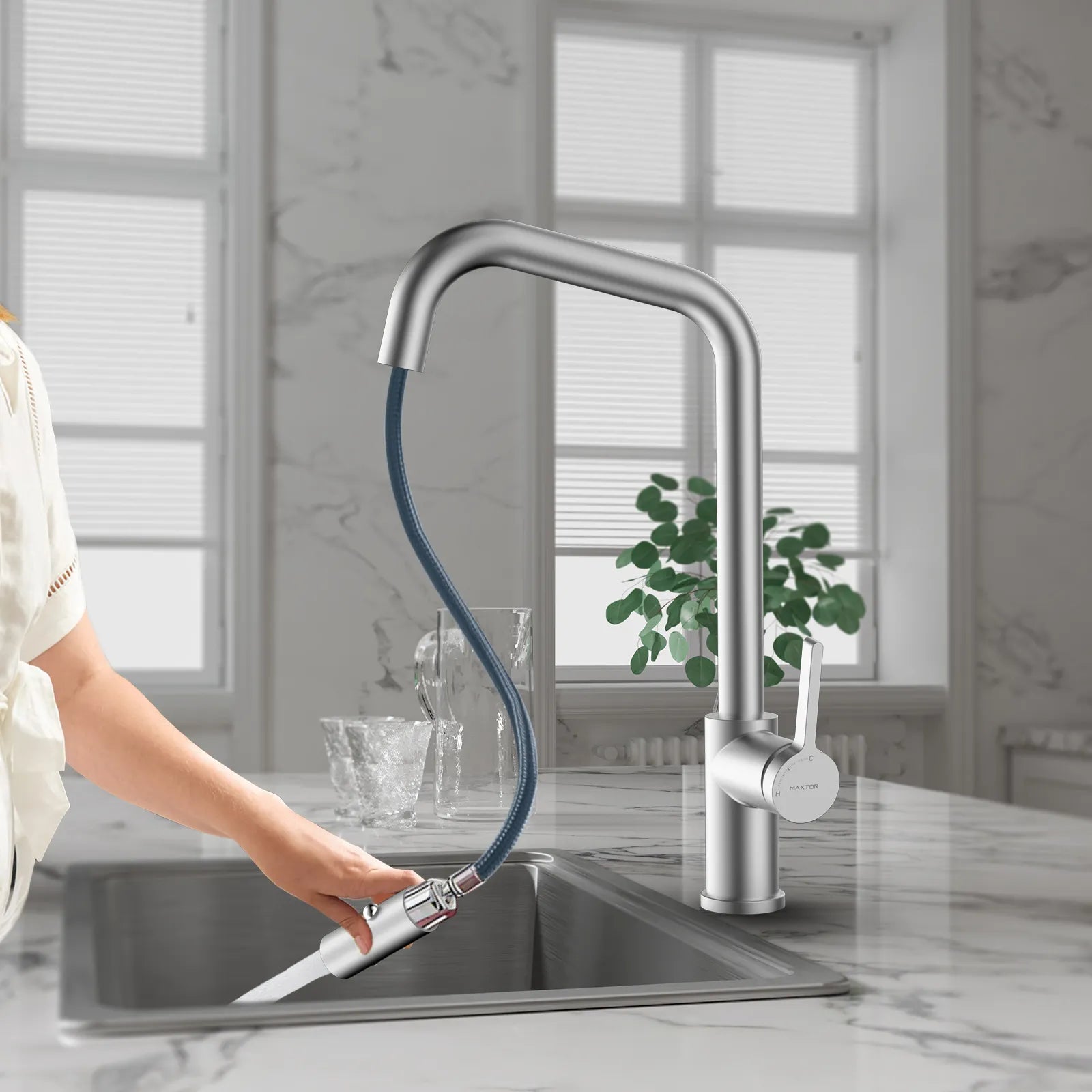 Pull-Down Kitchen Faucet with Dual-Function Brass Spray Head-KFB1051C