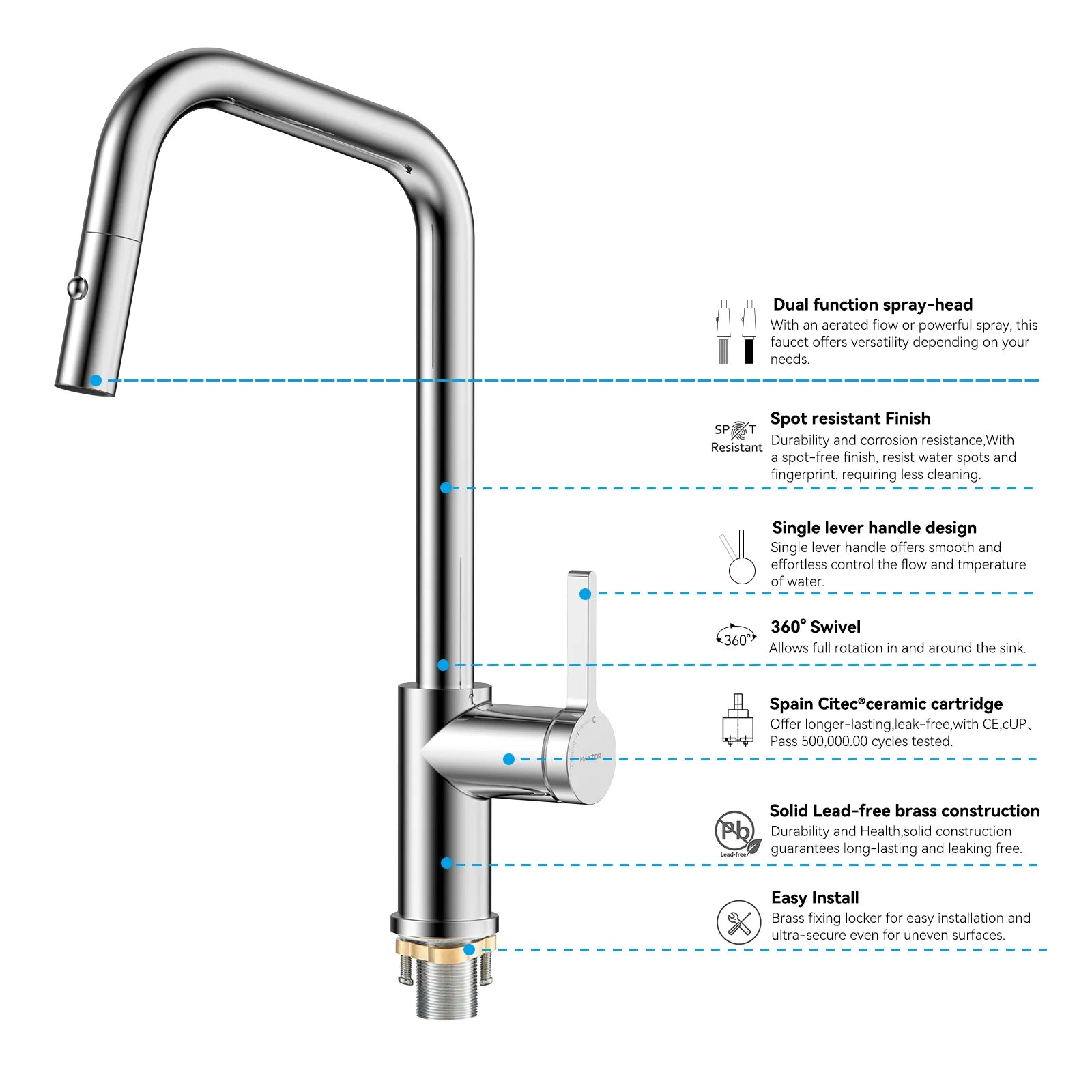 Pull-Down Kitchen Faucet with Dual-Function Brass Spray Head-KFB1051C
