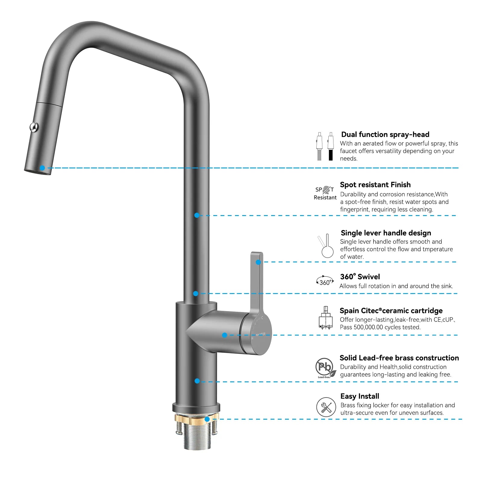 Pull-Down Kitchen Faucet with Dual-Function Brass Spray Head-KFB1051C