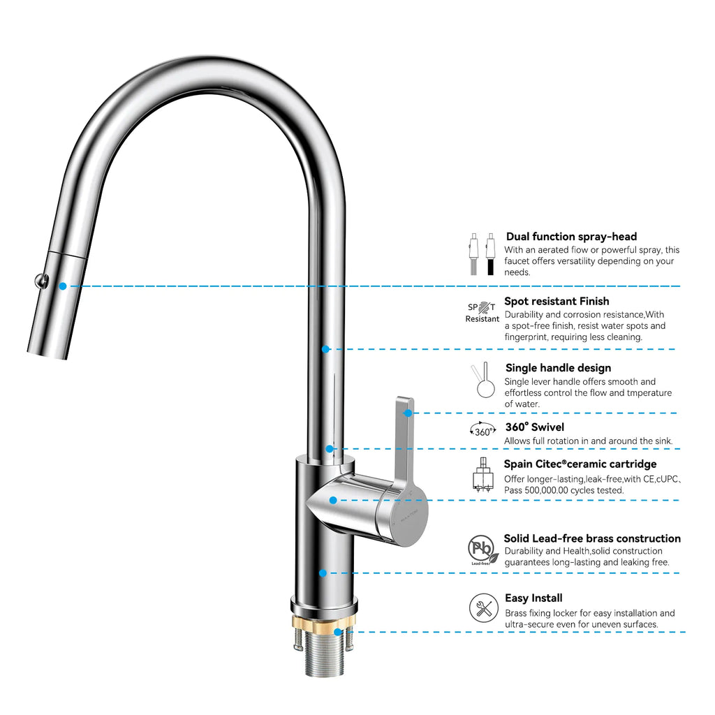 Chrome Pull-Down Kitchen Faucet – Dual-Function Brass Spray – KFB1051CH