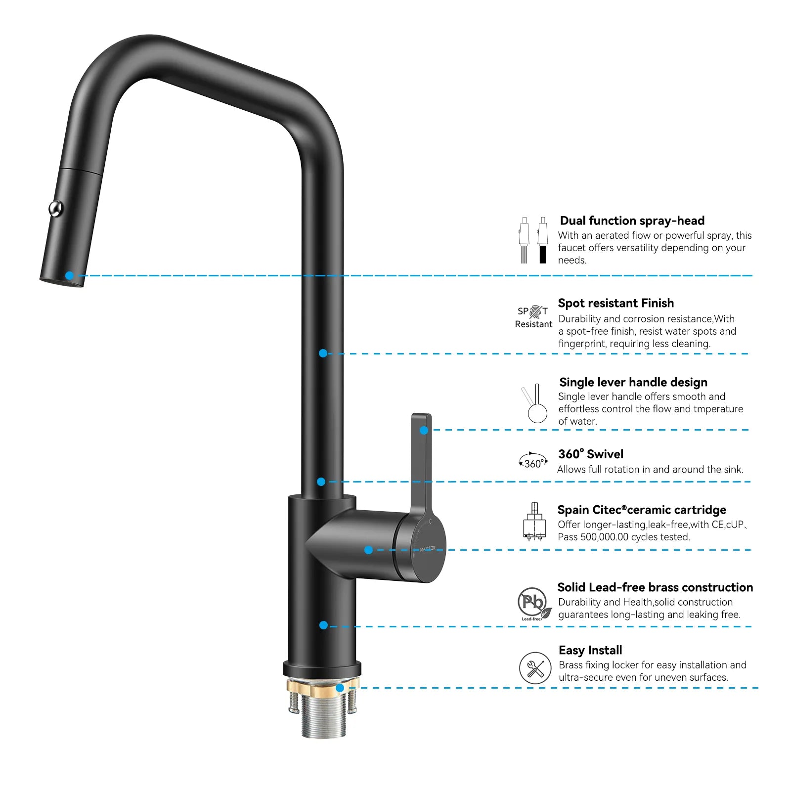 Pull-Down Kitchen Faucet with Dual-Function Brass Spray Head-KFB1051C