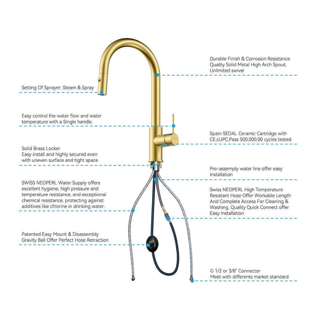 High-Arc Solid Brass Pull-Down Kitchen Faucet – Dual-Function Spray – KFB1059