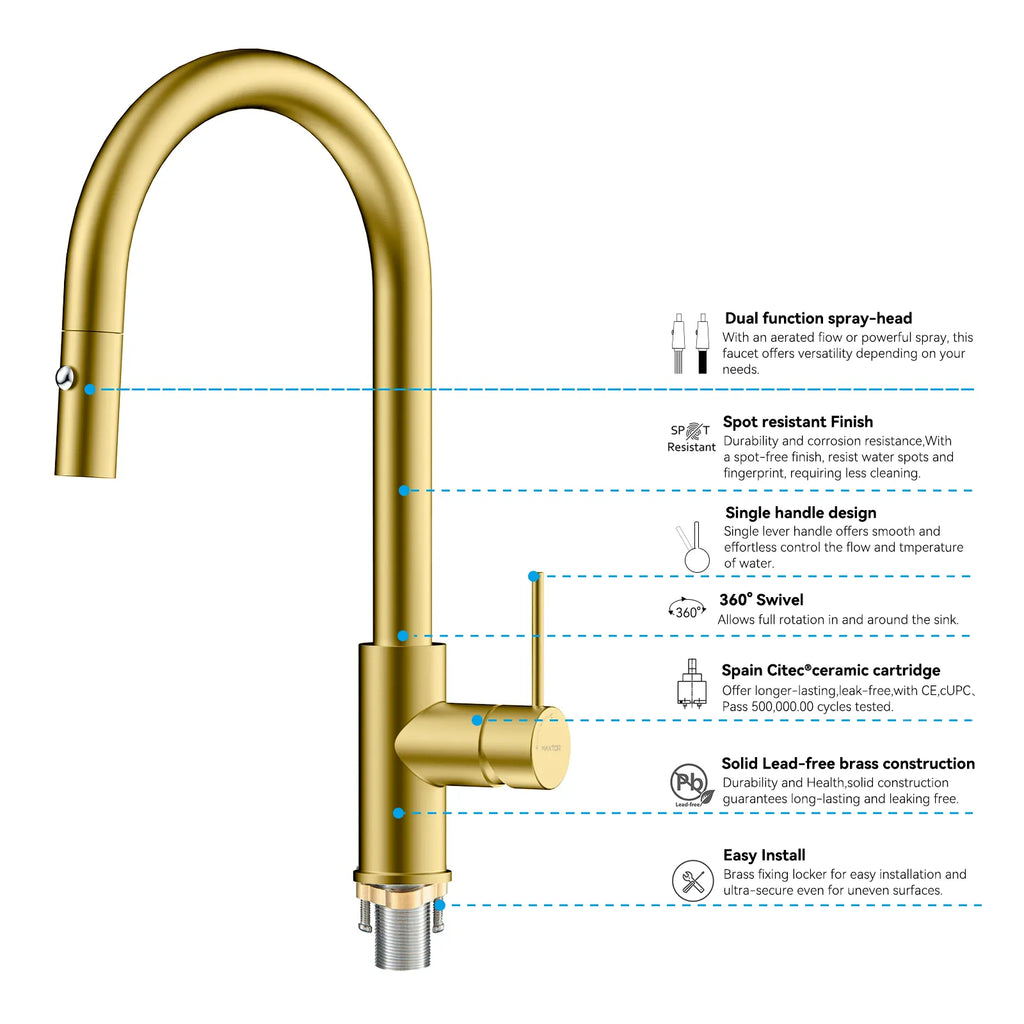 High-Arc Solid Brass Pull-Down Kitchen Faucet – Dual-Function Spray – KFB1059