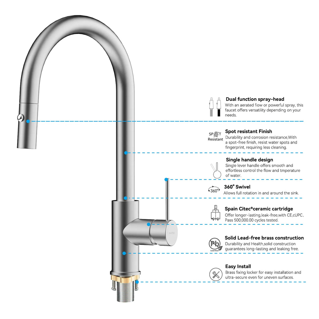High-Arc Solid Brass Pull-Down Kitchen Faucet – Dual-Function Spray – KFB1059