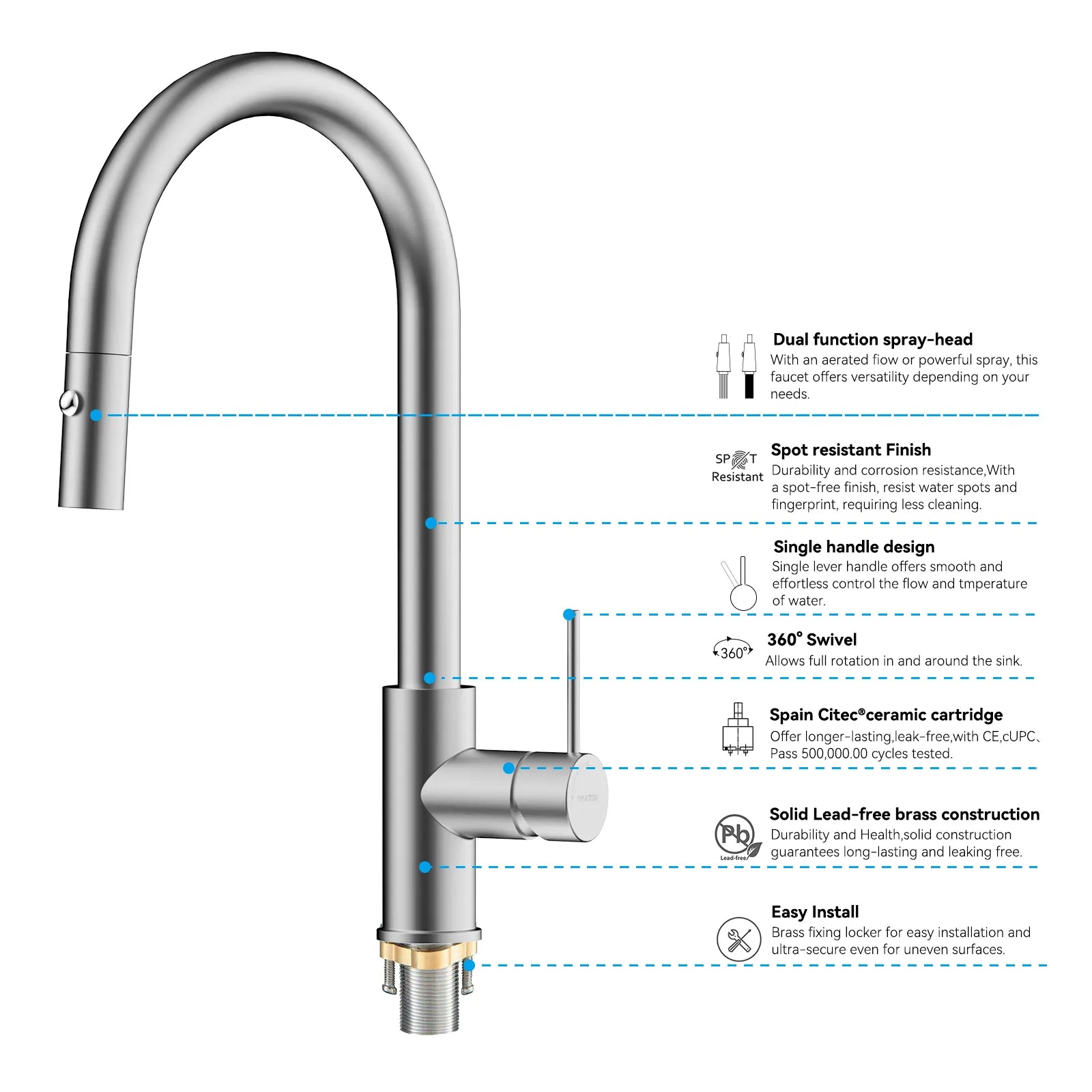 High-Arc Solid Brass Pull-Down Kitchen Faucet – Dual-Function Spray – KFB1059