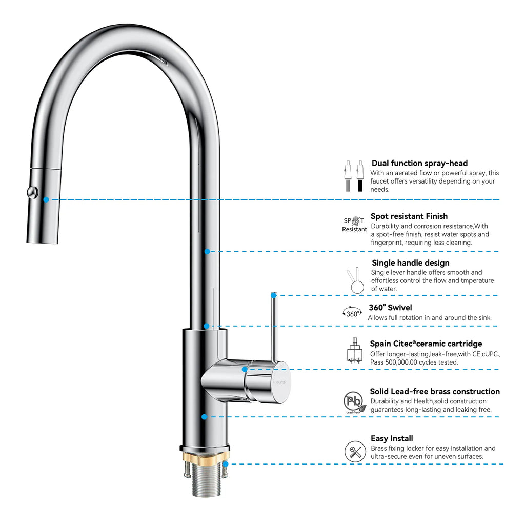 High-Arc Solid Brass Pull-Down Kitchen Faucet – Dual-Function Spray – KFB1059