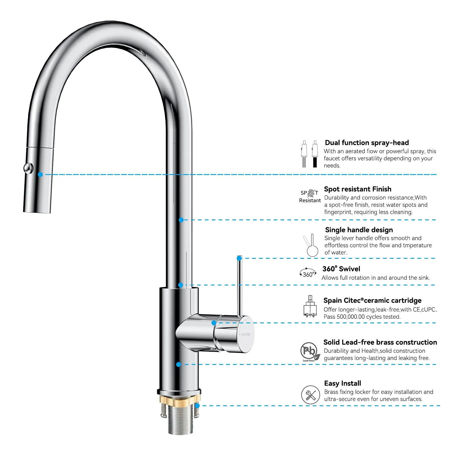 High-Arc Solid Brass Pull-Down Kitchen Faucet – Dual-Function Spray – KFB1059