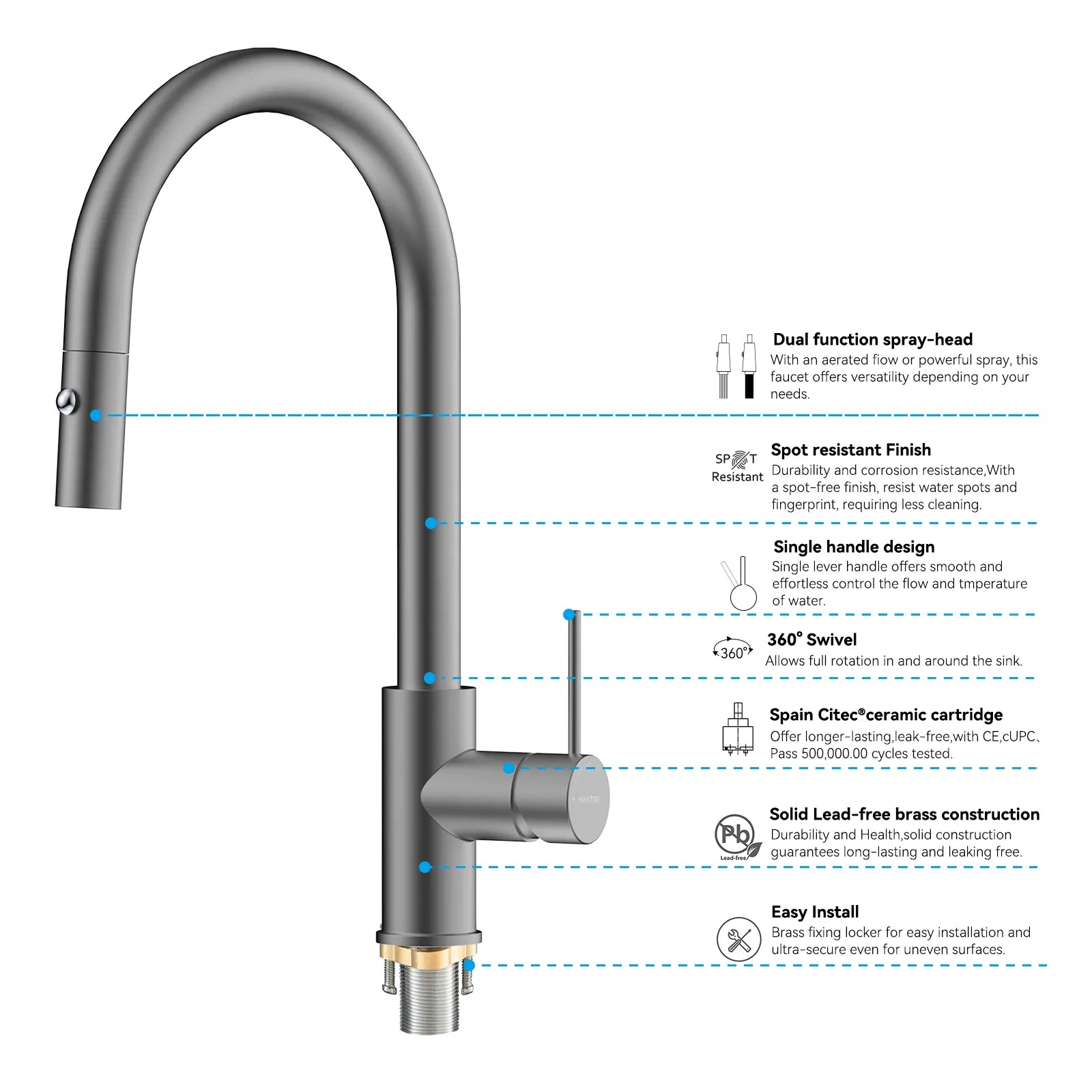 High-Arc Solid Brass Pull-Down Kitchen Faucet – Dual-Function Spray – KFB1059