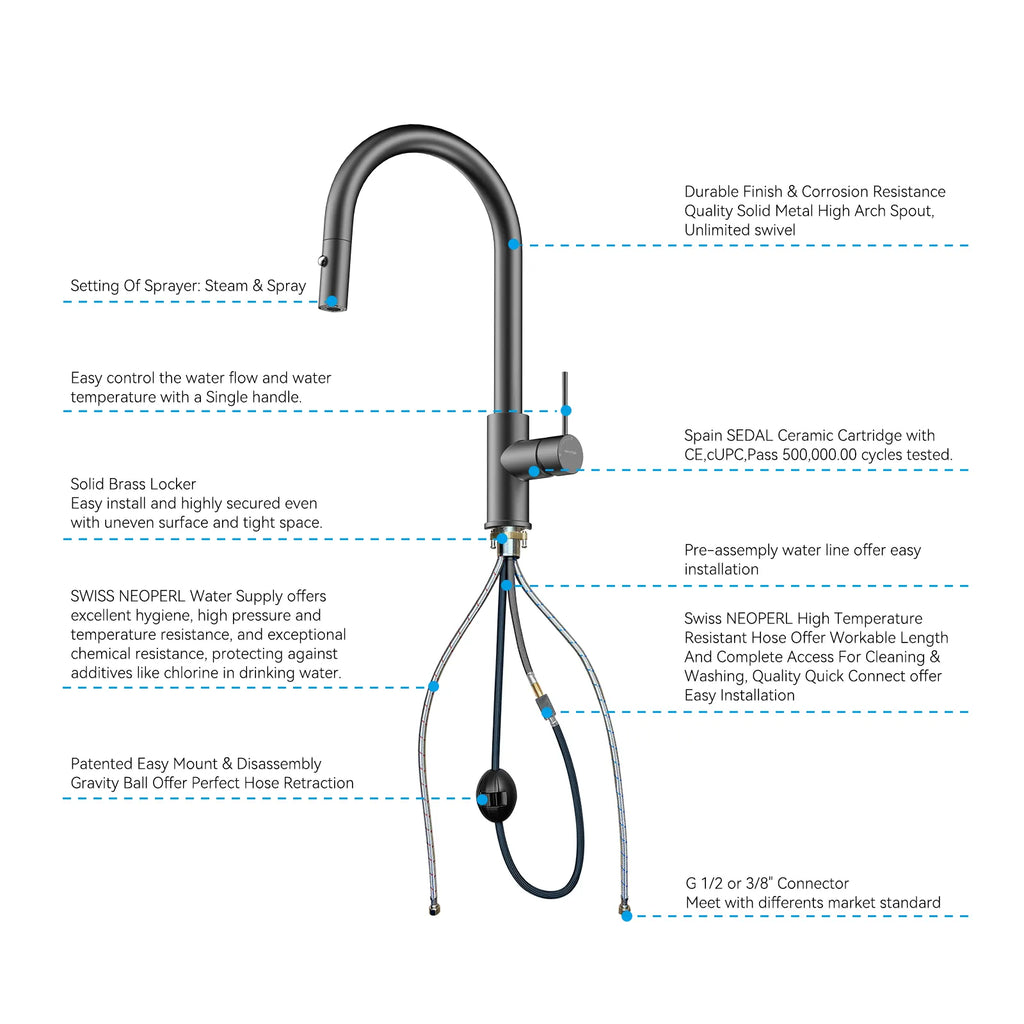 High-Arc Solid Brass Pull-Down Kitchen Faucet – Dual-Function Spray – KFB1059