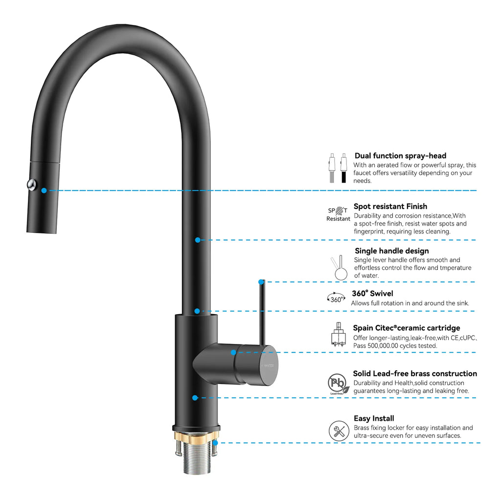 High-Arc Solid Brass Pull-Down Kitchen Faucet – Dual-Function Spray – KFB1059