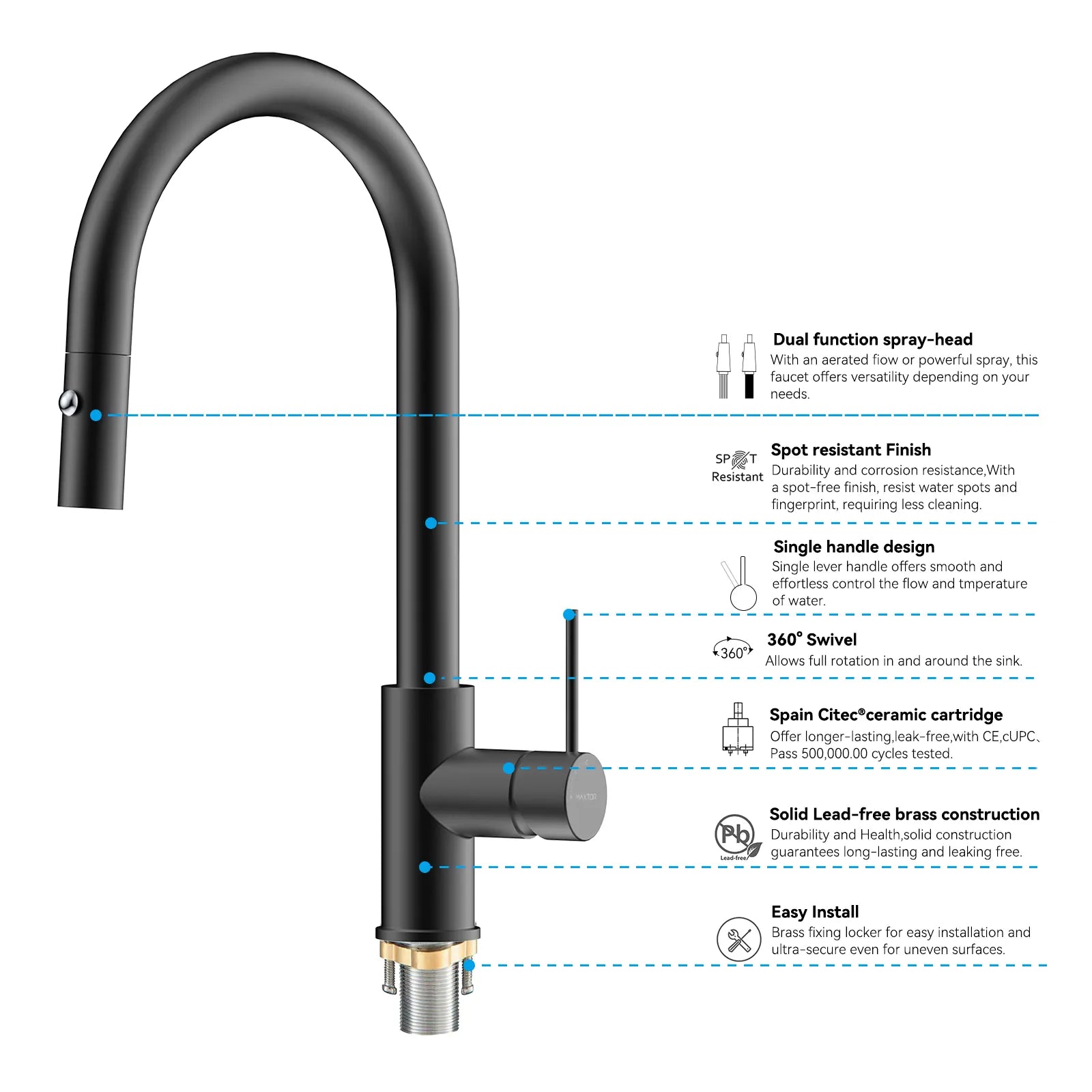 High-Arc Solid Brass Pull-Down Kitchen Faucet – Dual-Function Spray – KFB1059