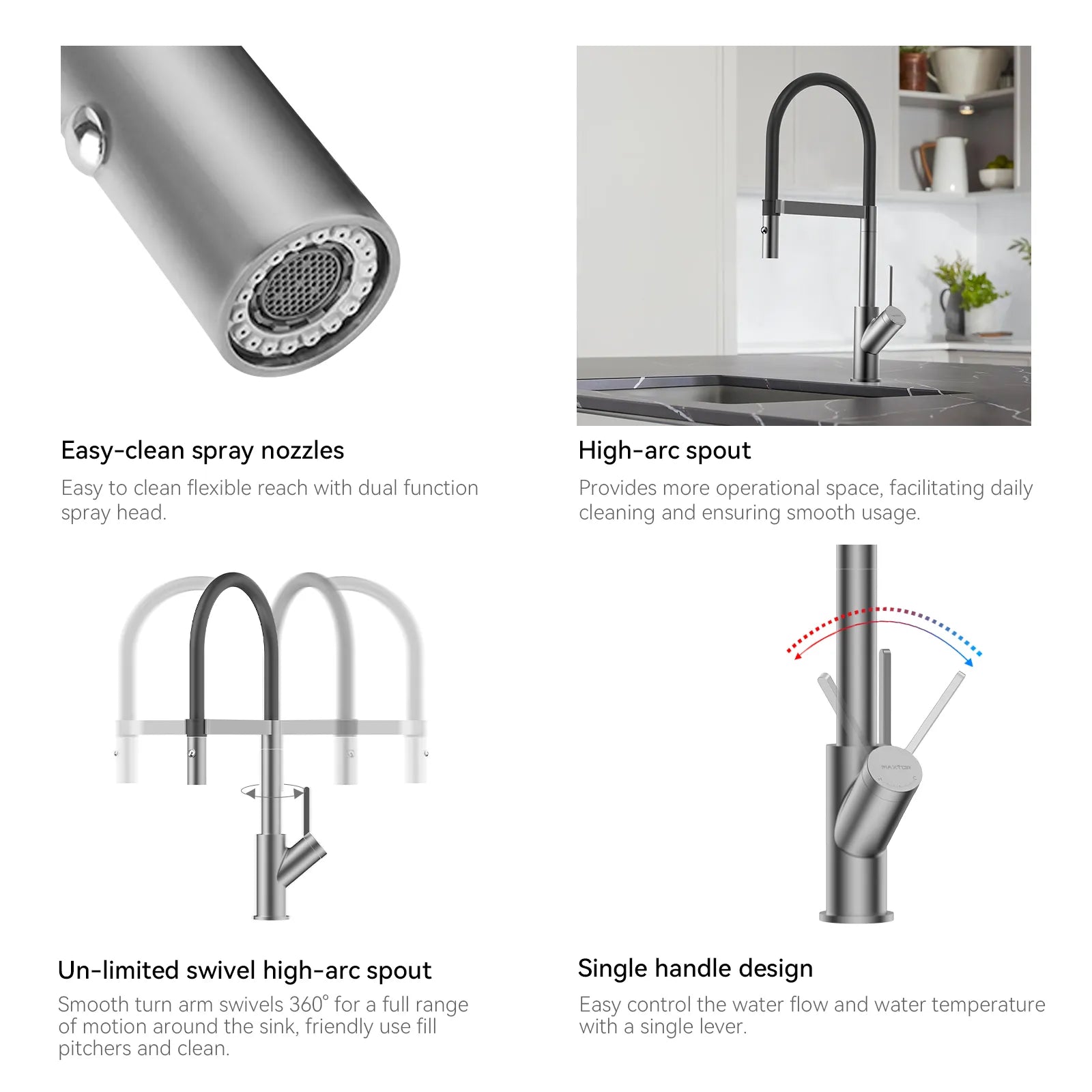 High-Arc Pull-Down Kitchen Faucet – 360° Swivel Spot-Free Finish – KFB1072