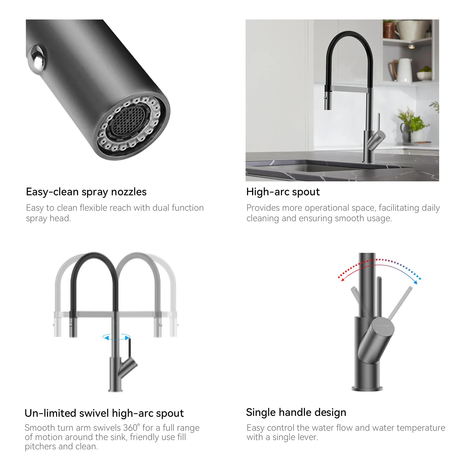 High-Arc Pull-Down Kitchen Faucet – 360° Swivel Spot-Free Finish – KFB1072