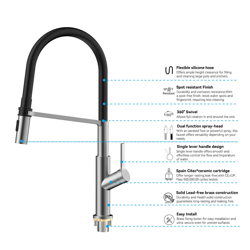 Flexible High-Arc Pull-Down Kitchen Faucet – 360° Swivel Spot-Free Finish – KF1075