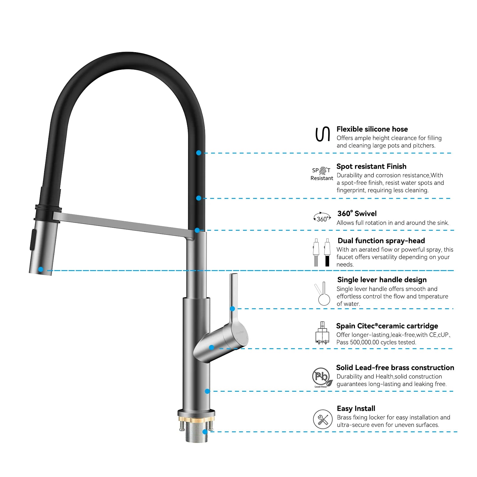Flexible High-Arc Pull-Down Kitchen Faucet – 360° Swivel Spot-Free Finish – KF1075