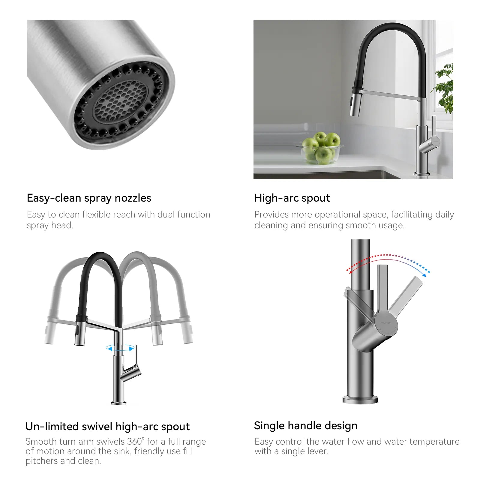 Flexible High-Arc Pull-Down Kitchen Faucet – 360° Swivel Spot-Free Finish – KF1075