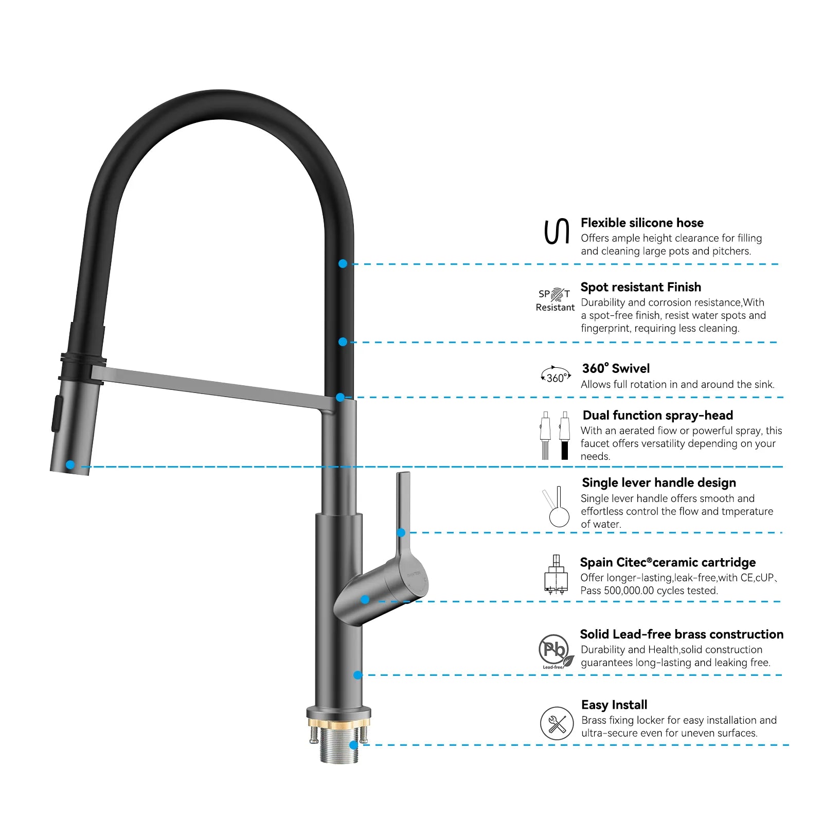 Flexible High-Arc Pull-Down Kitchen Faucet – 360° Swivel Spot-Free Finish – KF1075