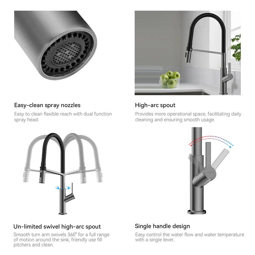 Flexible High-Arc Pull-Down Kitchen Faucet – 360° Swivel Spot-Free Finish – KF1075