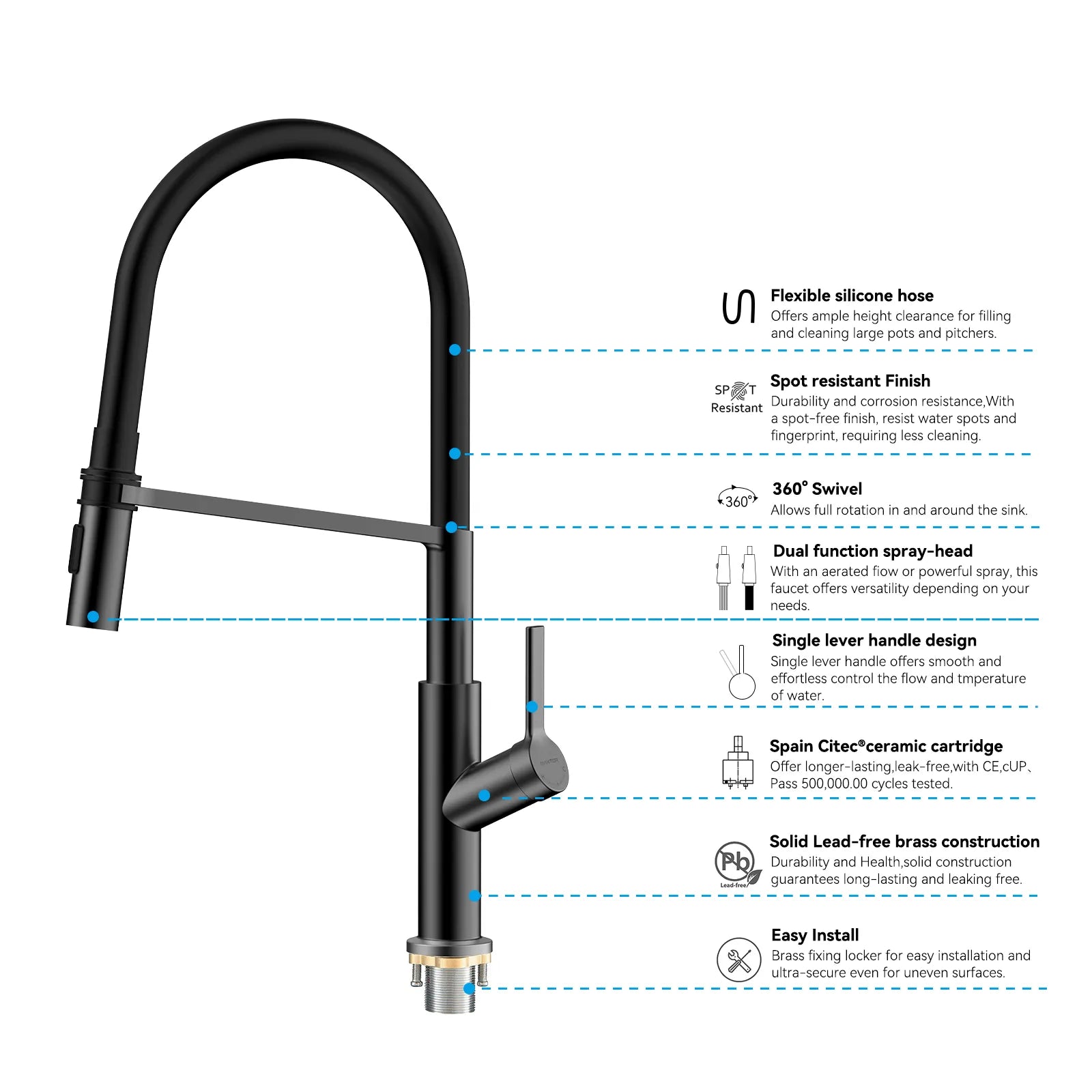 Flexible High-Arc Pull-Down Kitchen Faucet – 360° Swivel Spot-Free Finish – KF1075