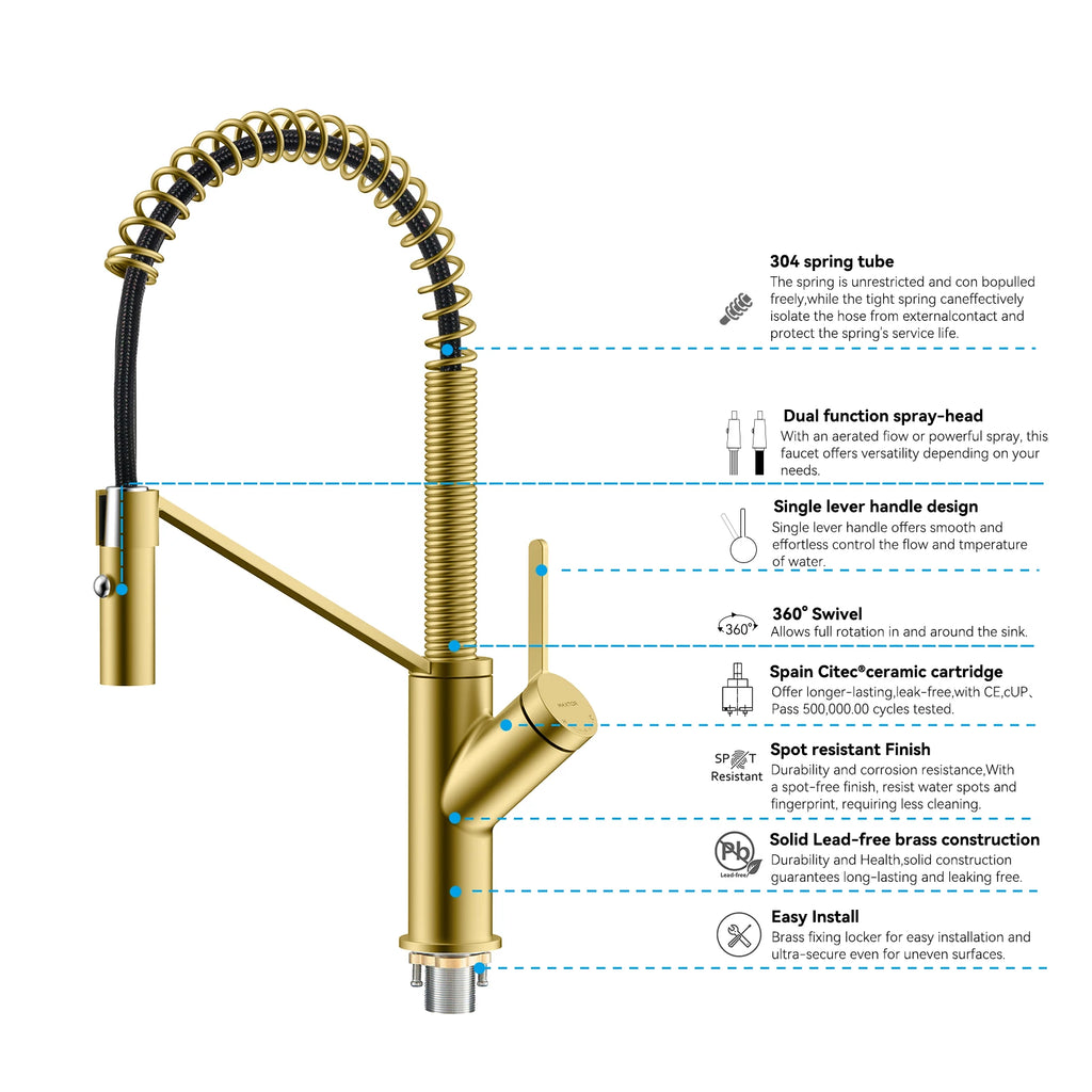 Spring Coil Pull-Down Kitchen Faucet – 360° Swivel 304 Stainless Steel Spring – KFB1087