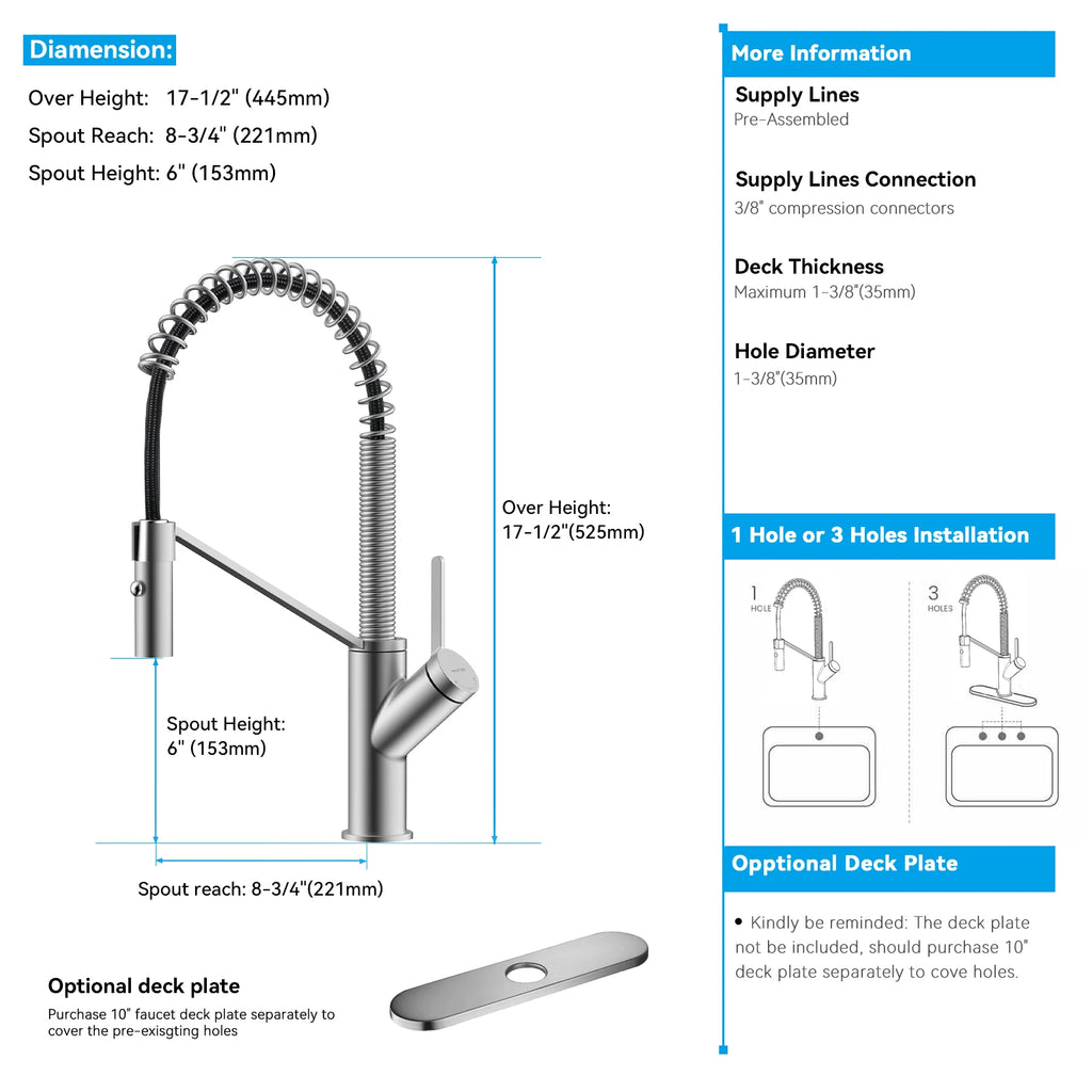 Spring Coil Pull-Down Kitchen Faucet – 360° Swivel 304 Stainless Steel Spring – KFB1087