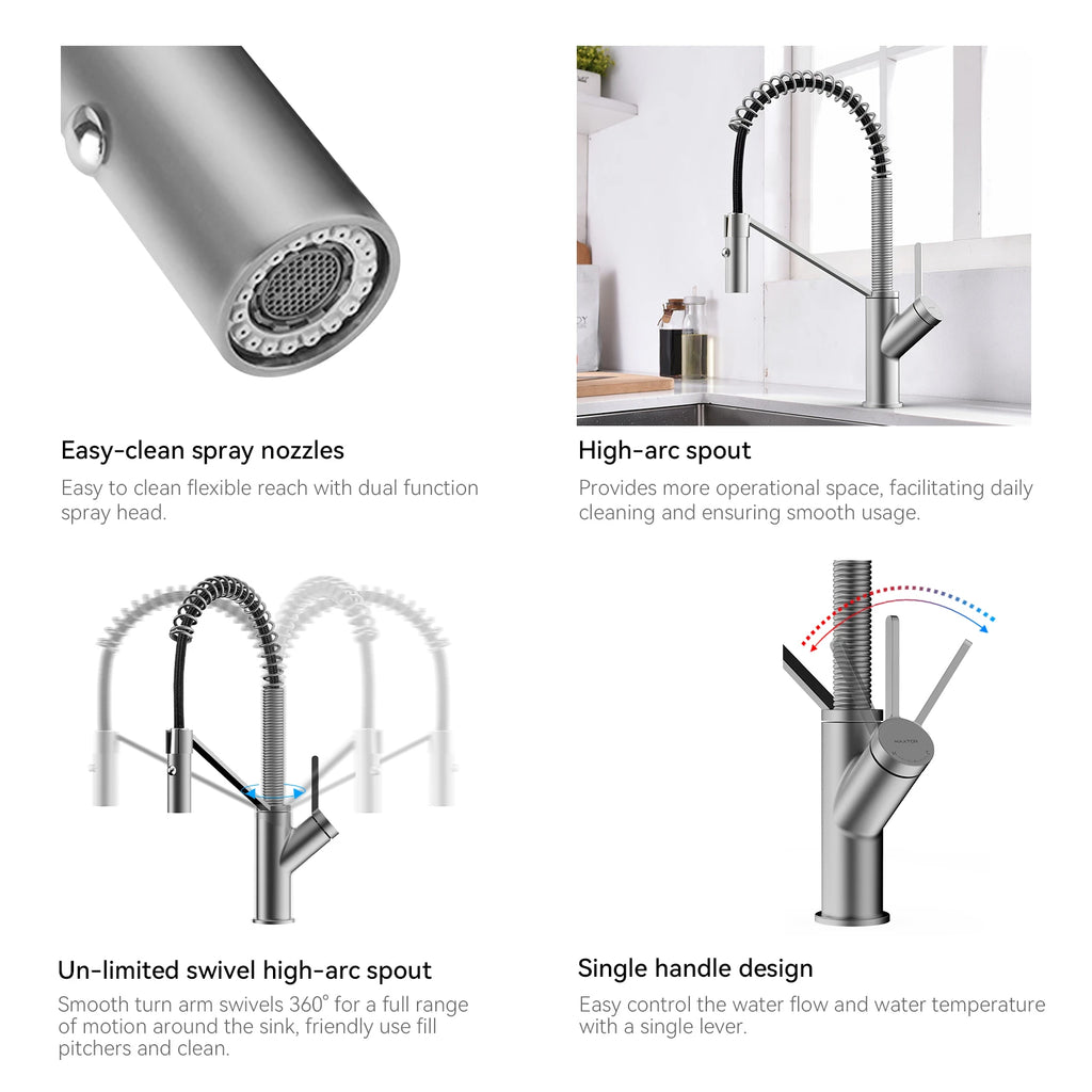 Spring Coil Pull-Down Kitchen Faucet – 360° Swivel 304 Stainless Steel Spring – KFB1087