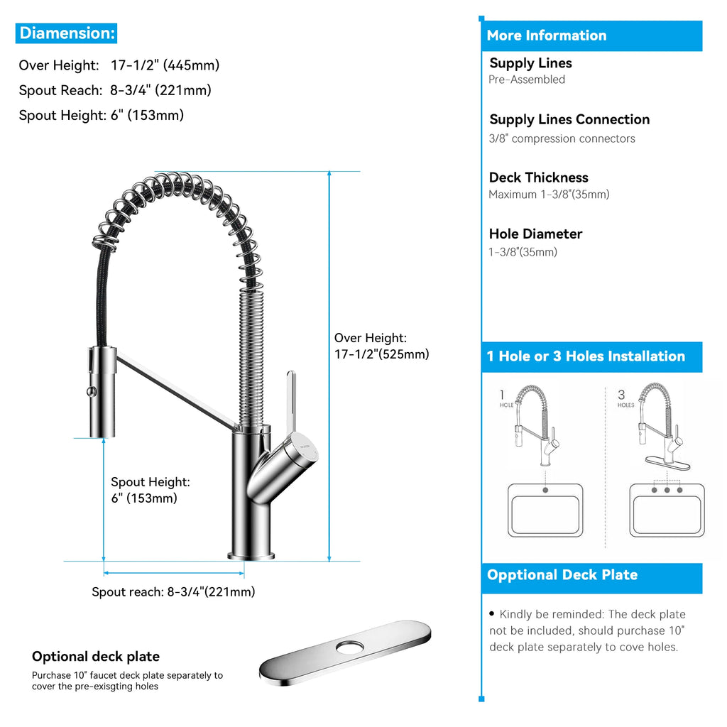 Spring Coil Pull-Down Kitchen Faucet – 360° Swivel 304 Stainless Steel Spring – KFB1087