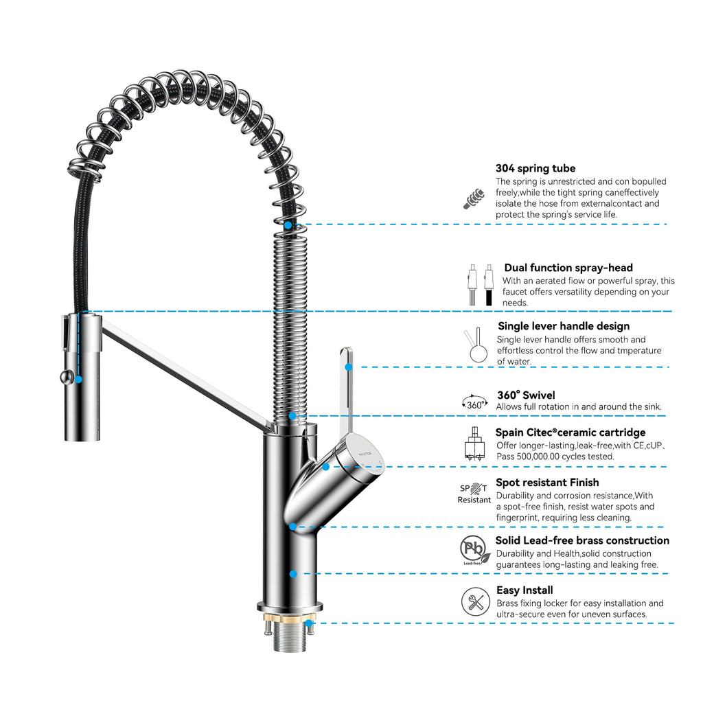 Spring Coil Pull-Down Kitchen Faucet – 360° Swivel 304 Stainless Steel Spring – KFB1087