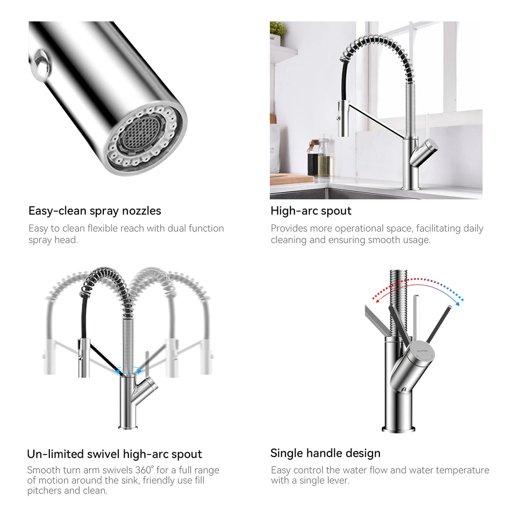 Spring Coil Pull-Down Kitchen Faucet – 360° Swivel 304 Stainless Steel Spring – KFB1087