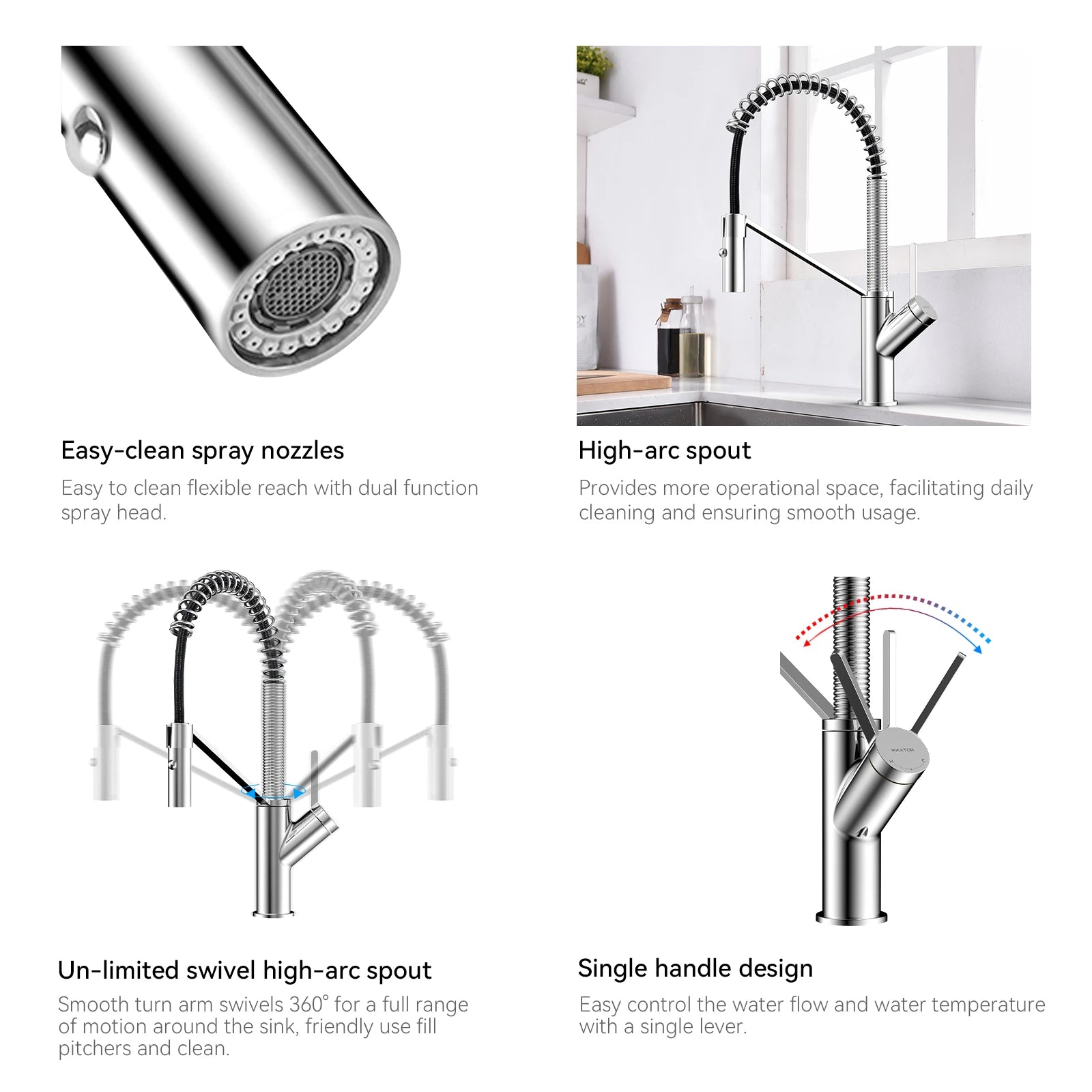 Spring Coil Pull-Down Kitchen Faucet – 360° Swivel 304 Stainless Steel Spring – KFB1087