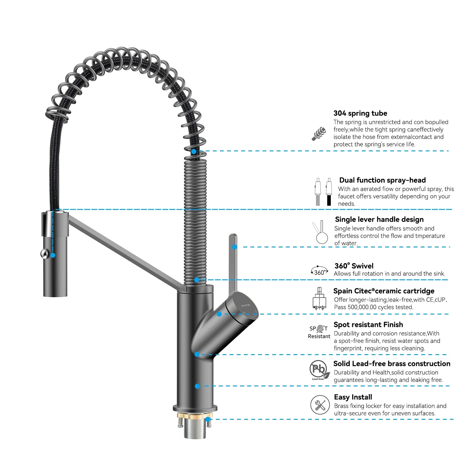 Spring Coil Pull-Down Kitchen Faucet – 360° Swivel 304 Stainless Steel Spring – KFB1087