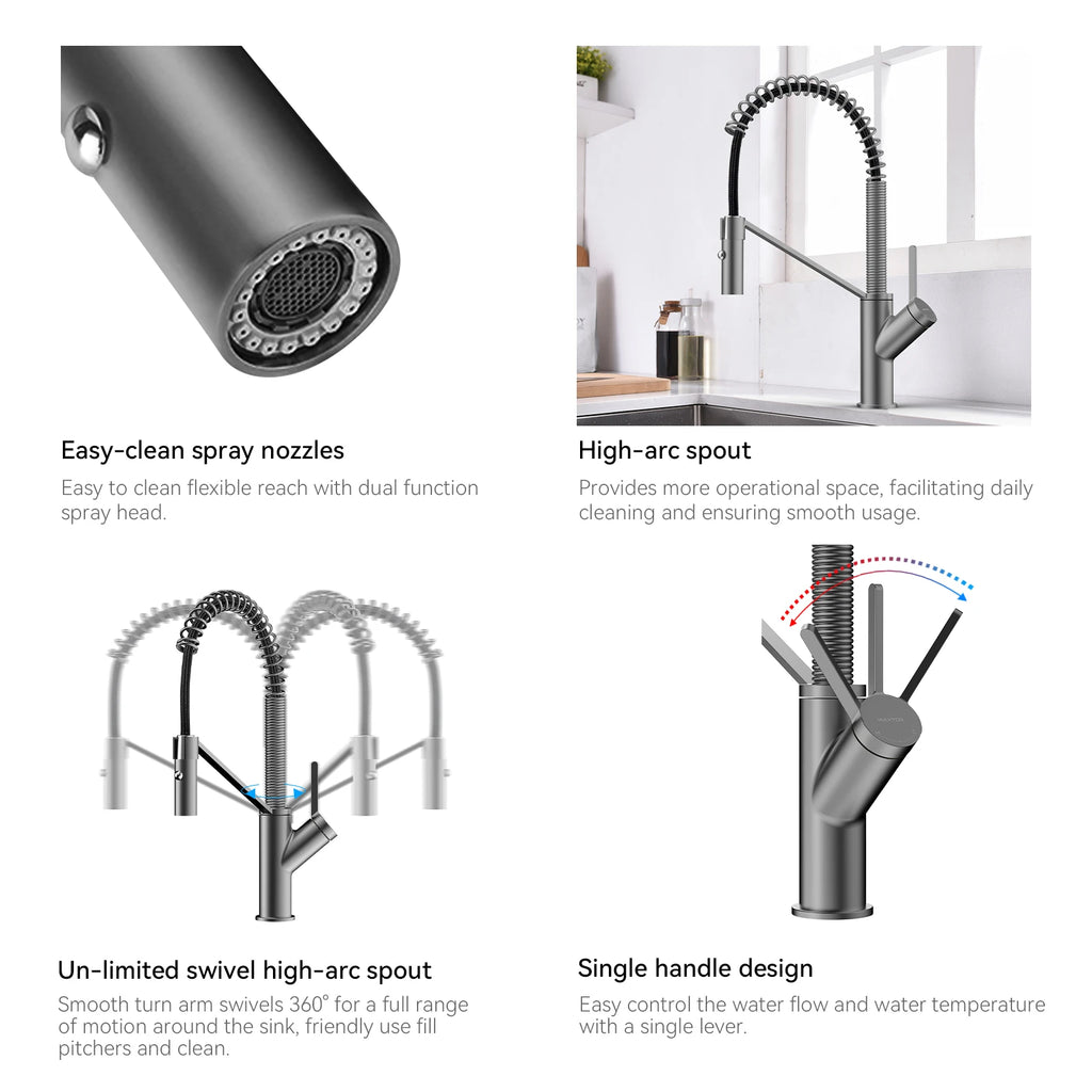 Spring Coil Pull-Down Kitchen Faucet – 360° Swivel 304 Stainless Steel Spring – KFB1087