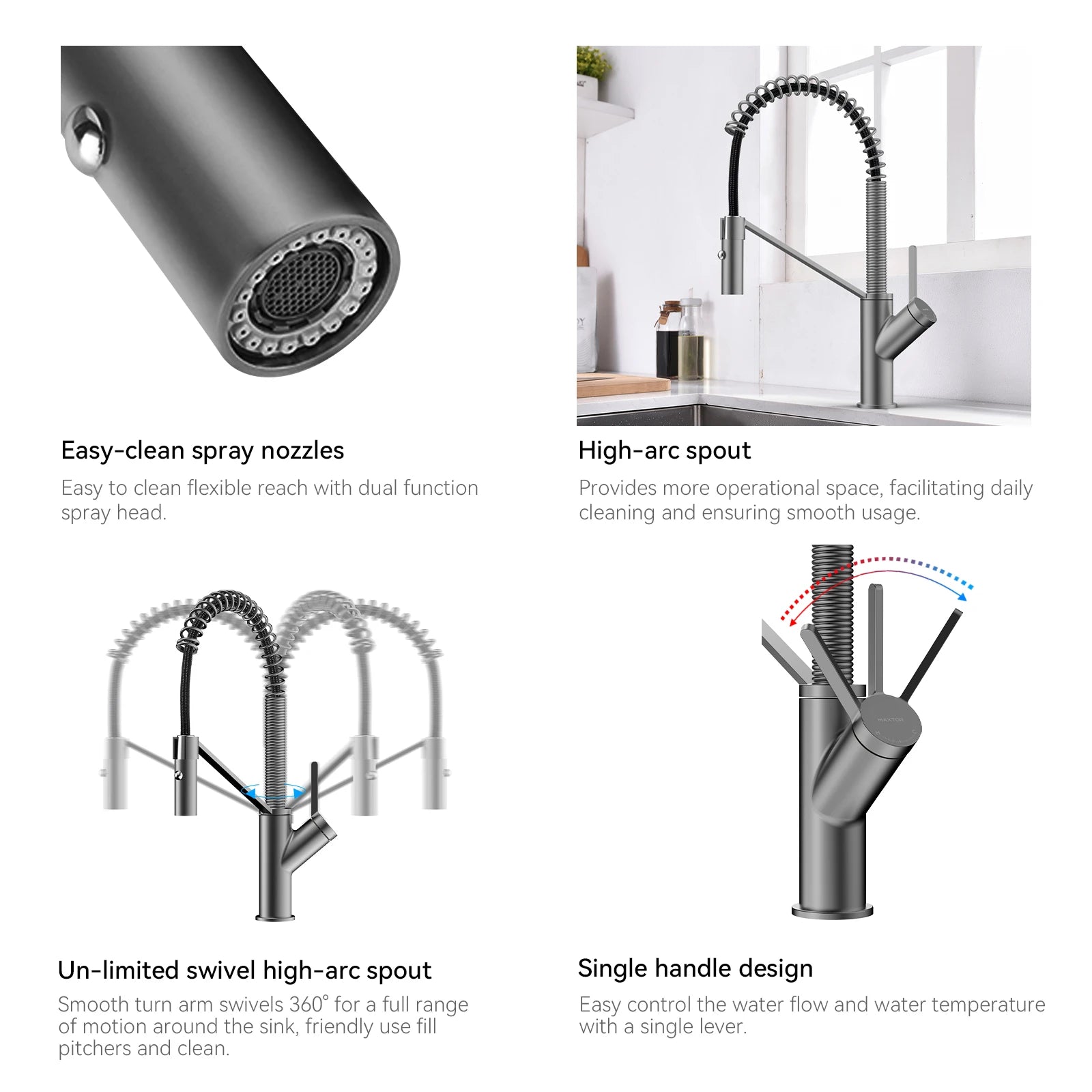 Spring Coil Pull-Down Kitchen Faucet – 360° Swivel 304 Stainless Steel Spring – KFB1087