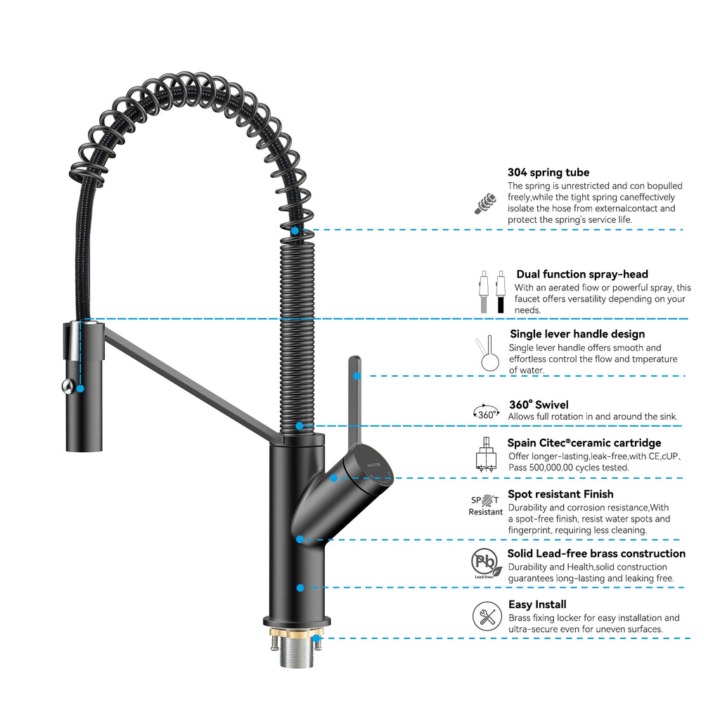 Spring Coil Pull-Down Kitchen Faucet – 360° Swivel 304 Stainless Steel Spring – KFB1087