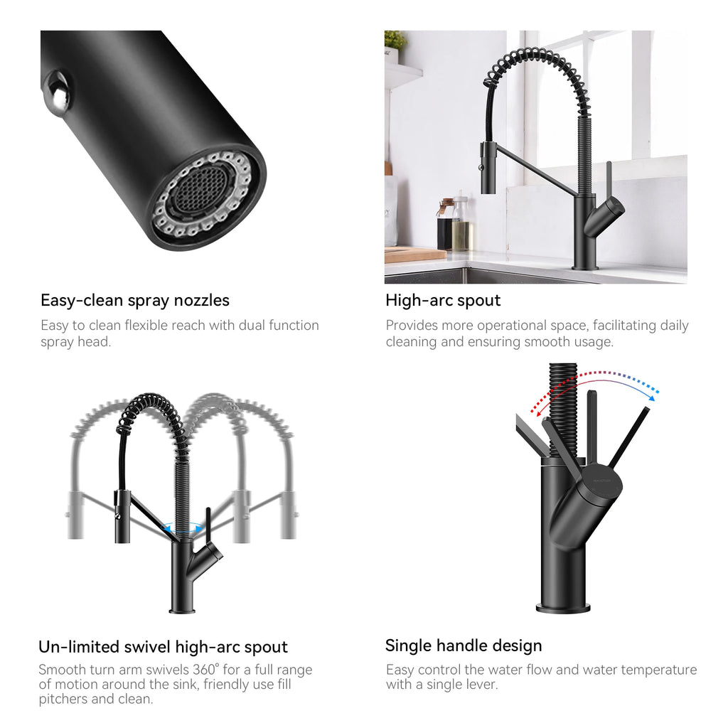 Spring Coil Pull-Down Kitchen Faucet – 360° Swivel 304 Stainless Steel Spring – KFB1087