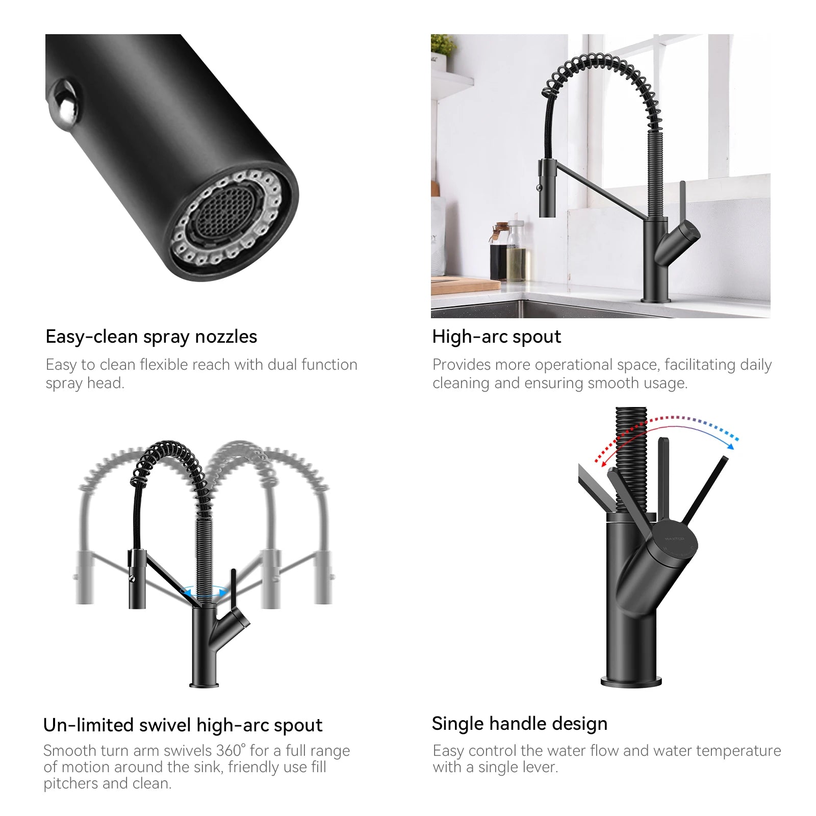 Spring Coil Pull-Down Kitchen Faucet – 360° Swivel 304 Stainless Steel Spring – KFB1087